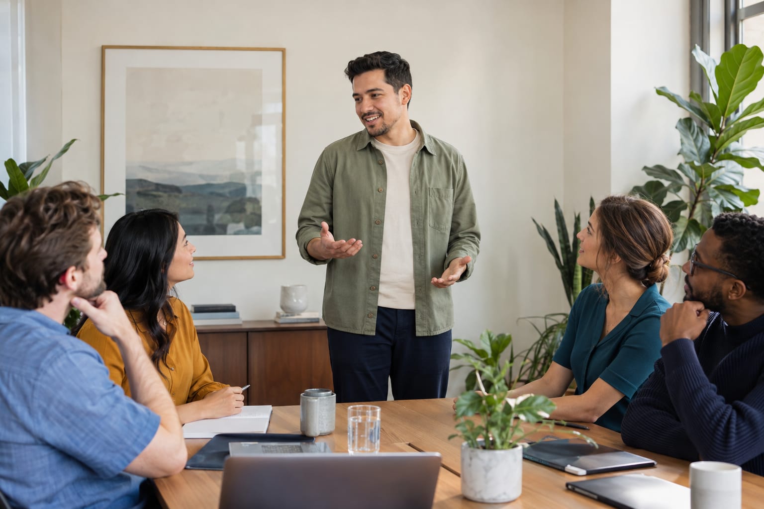 Body language and eye contact during a small-group presentation at a team meeting