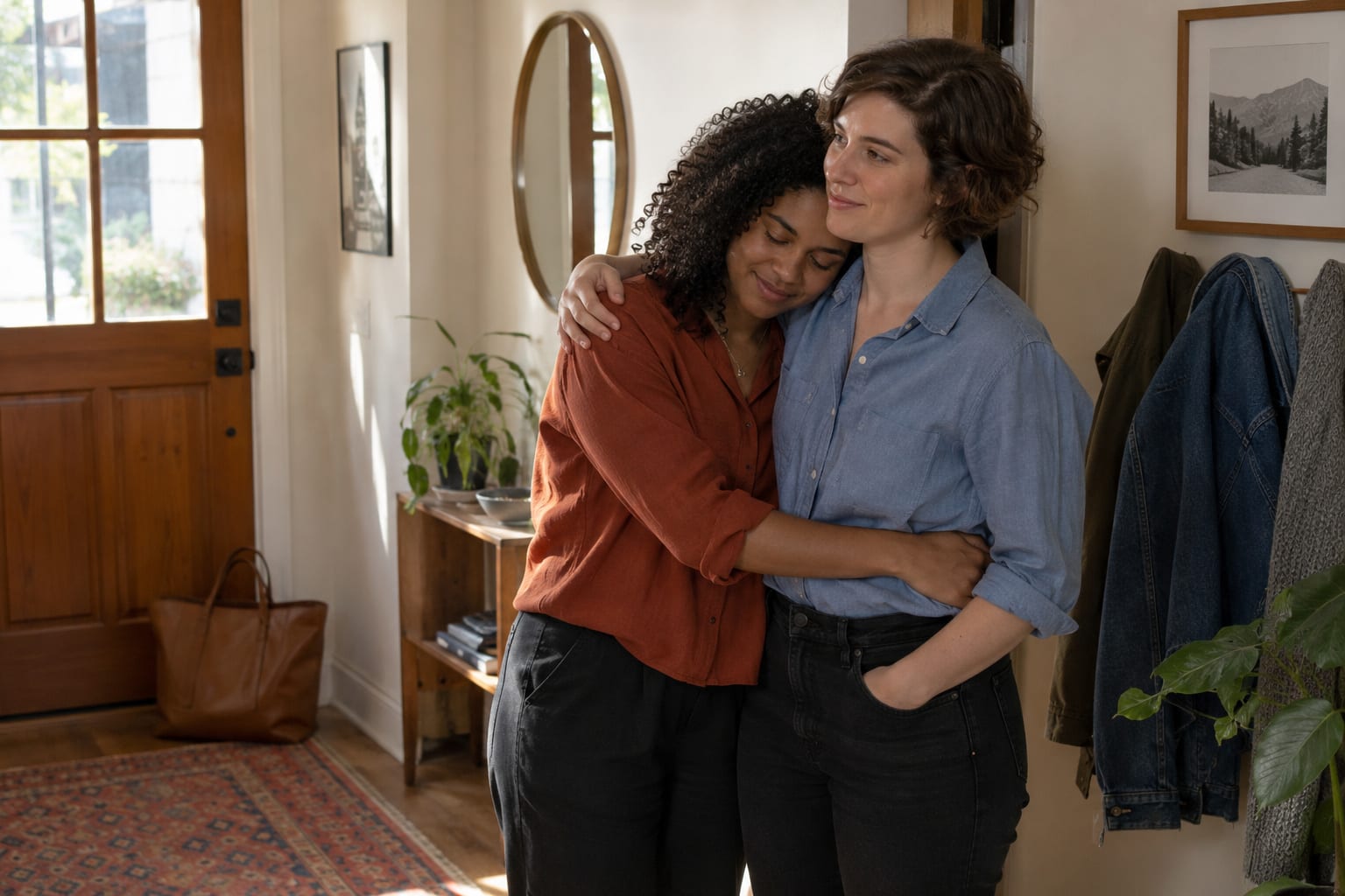 Two women hug in a sunlit hallway near a wooden front door, coats hanging on the wall.