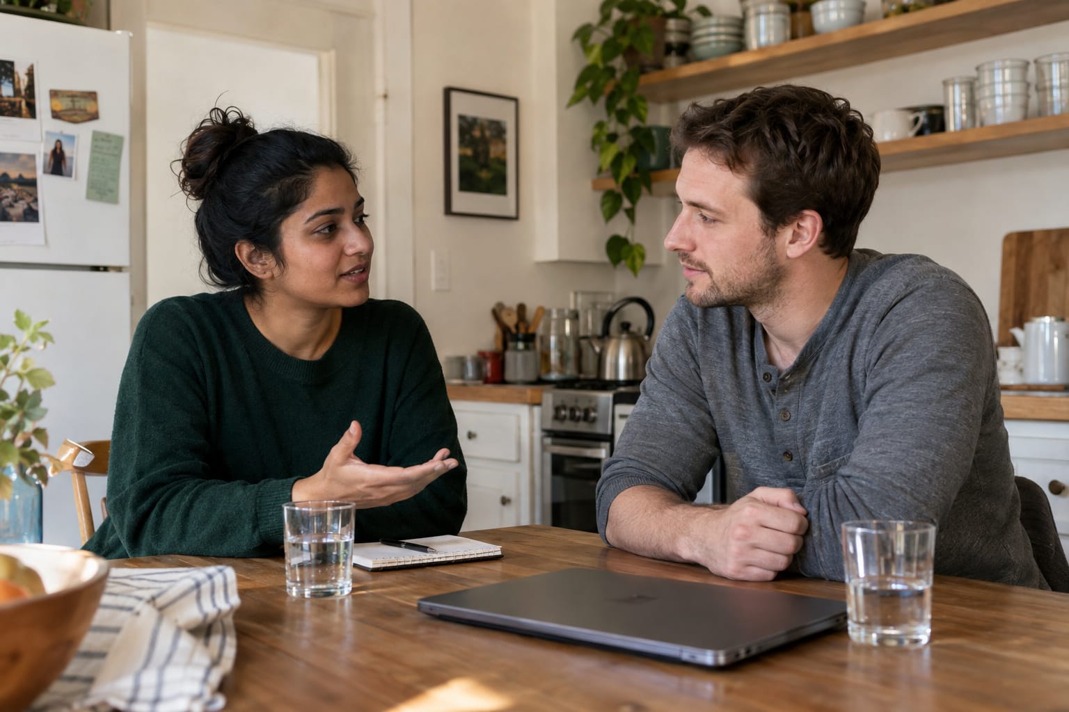 A woman and a man sit at a wooden kitchen table with water glasses and a closed laptop, talking.