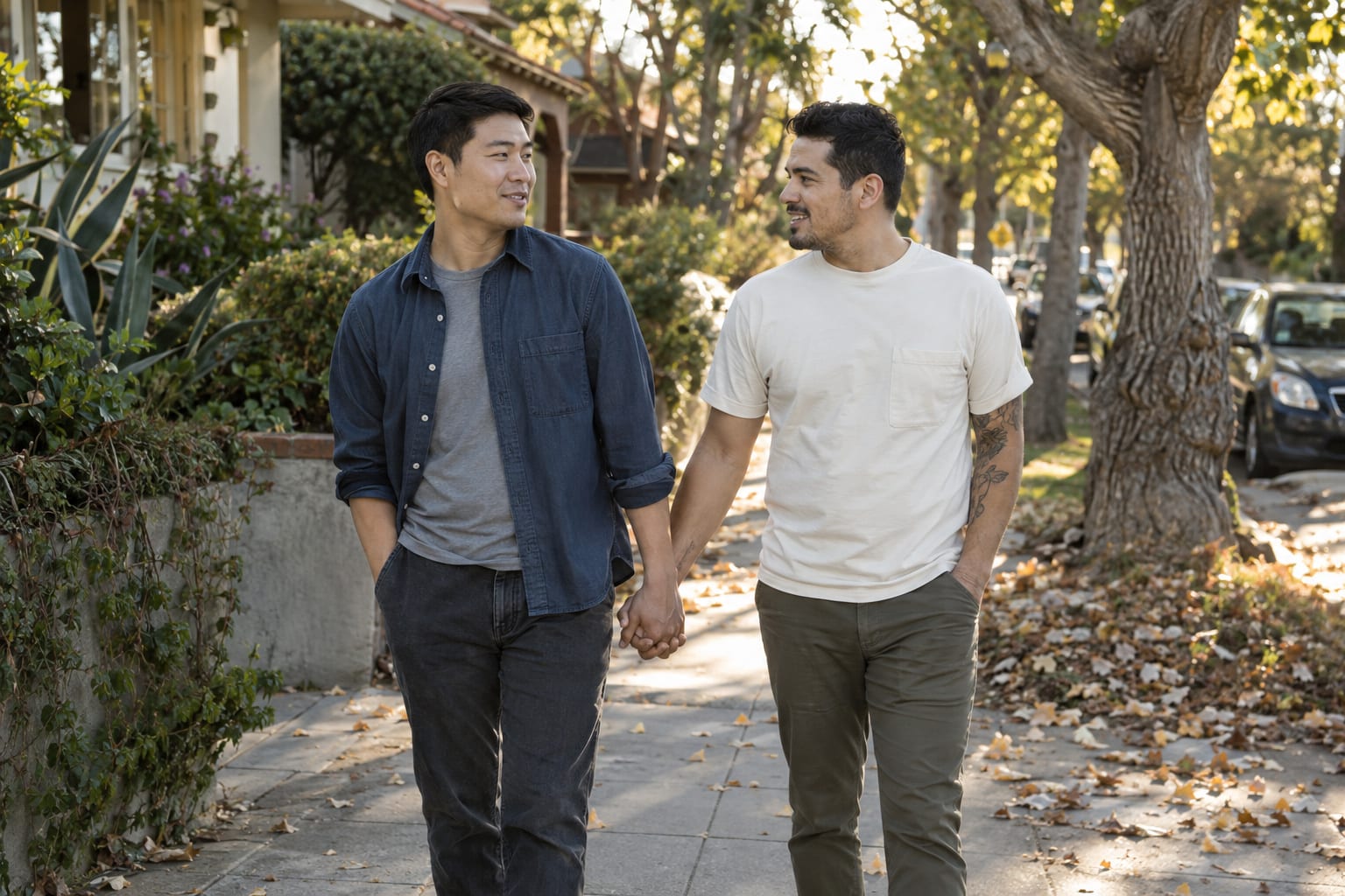 Two men hold hands and smile at each other while walking on a tree-lined sidewalk with autumn leaves.