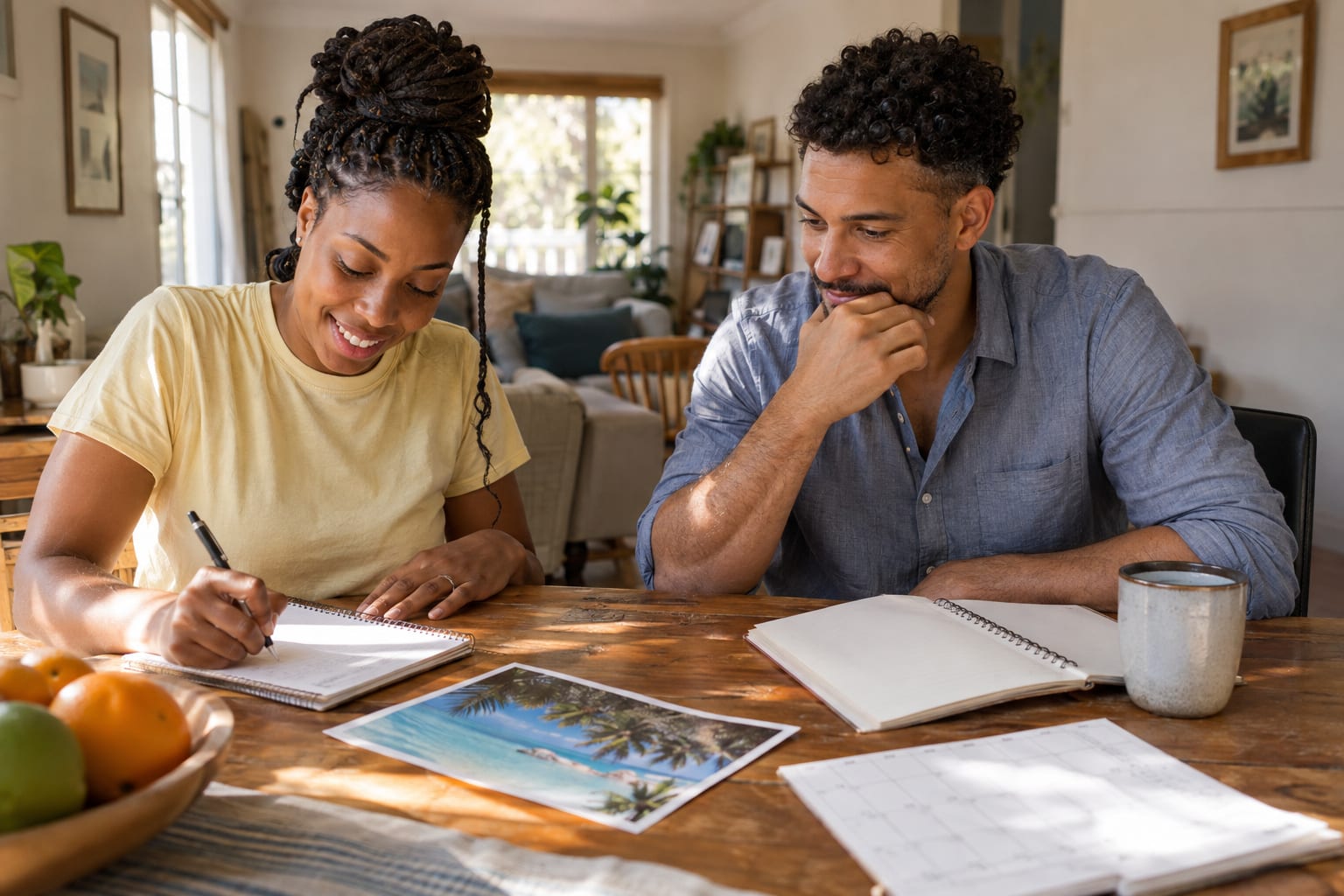 A smiling couple sits at a sunny dining table planning a trip with notebooks, a beach photo, fruit, and a calendar.