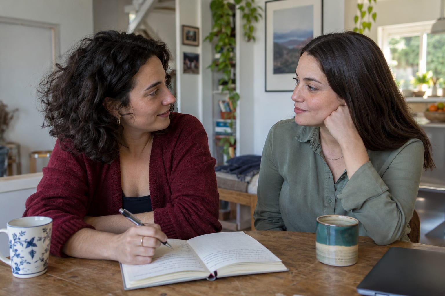 Two women sit at a wooden table with coffee mugs while one writes in an open notebook and they talk.