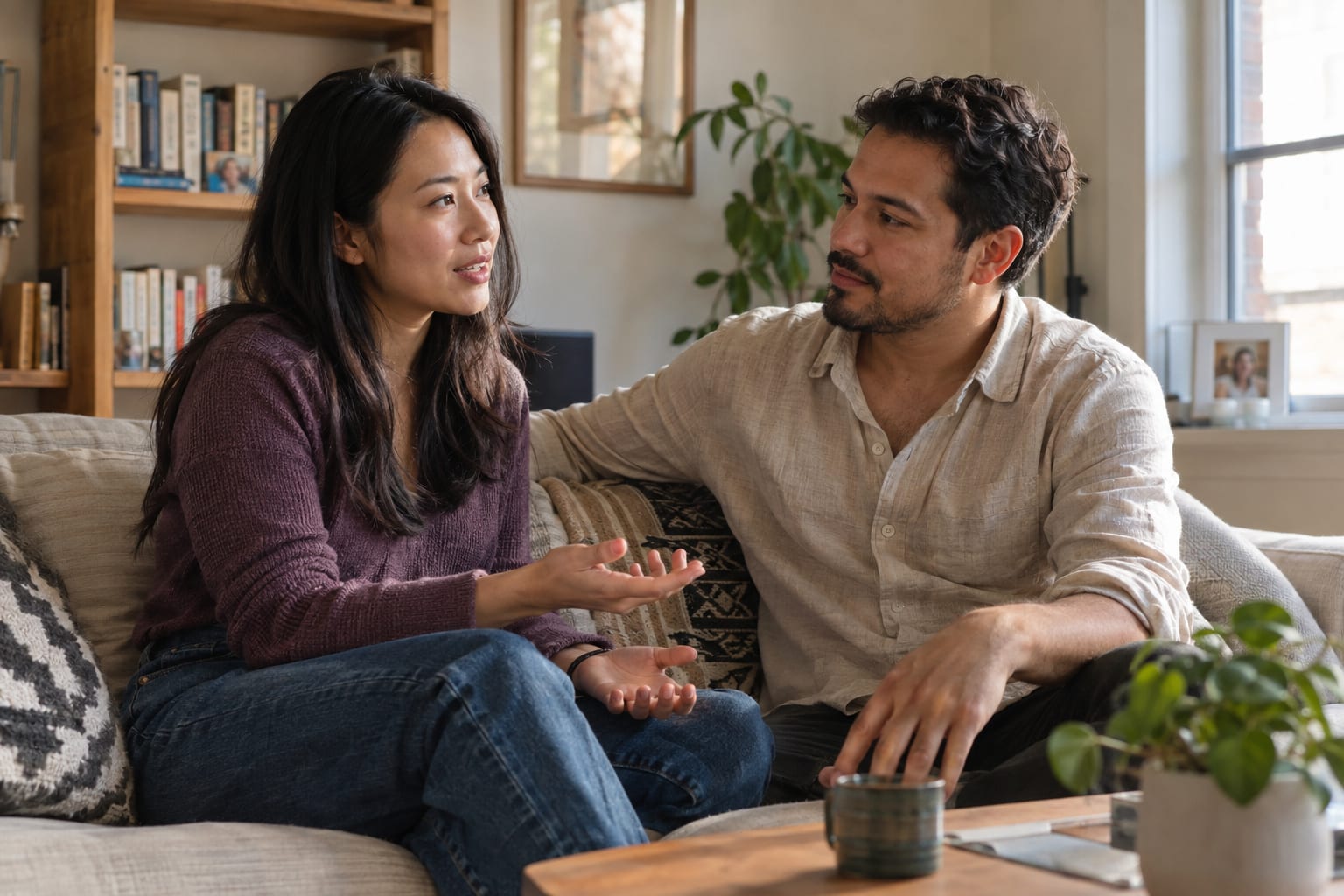 A woman in a purple sweater and a man in a linen shirt sit on a living-room sofa talking, with coffee and plants on the table.