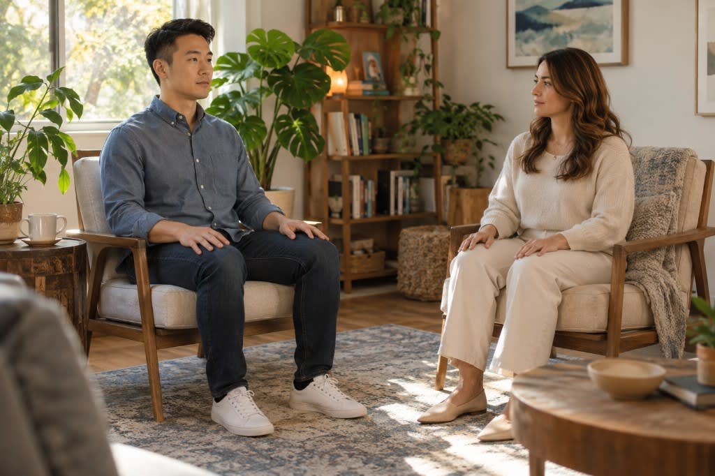 Therapist guiding a client through seated grounding.