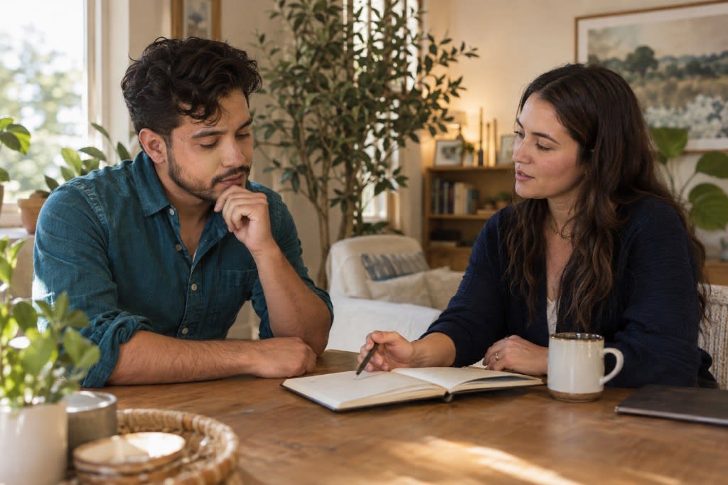 Client exploring personal values and practical goals with a therapist.