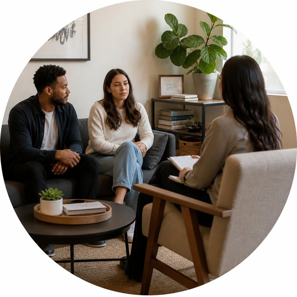 Couple in a Los Angeles therapy office with their counselor