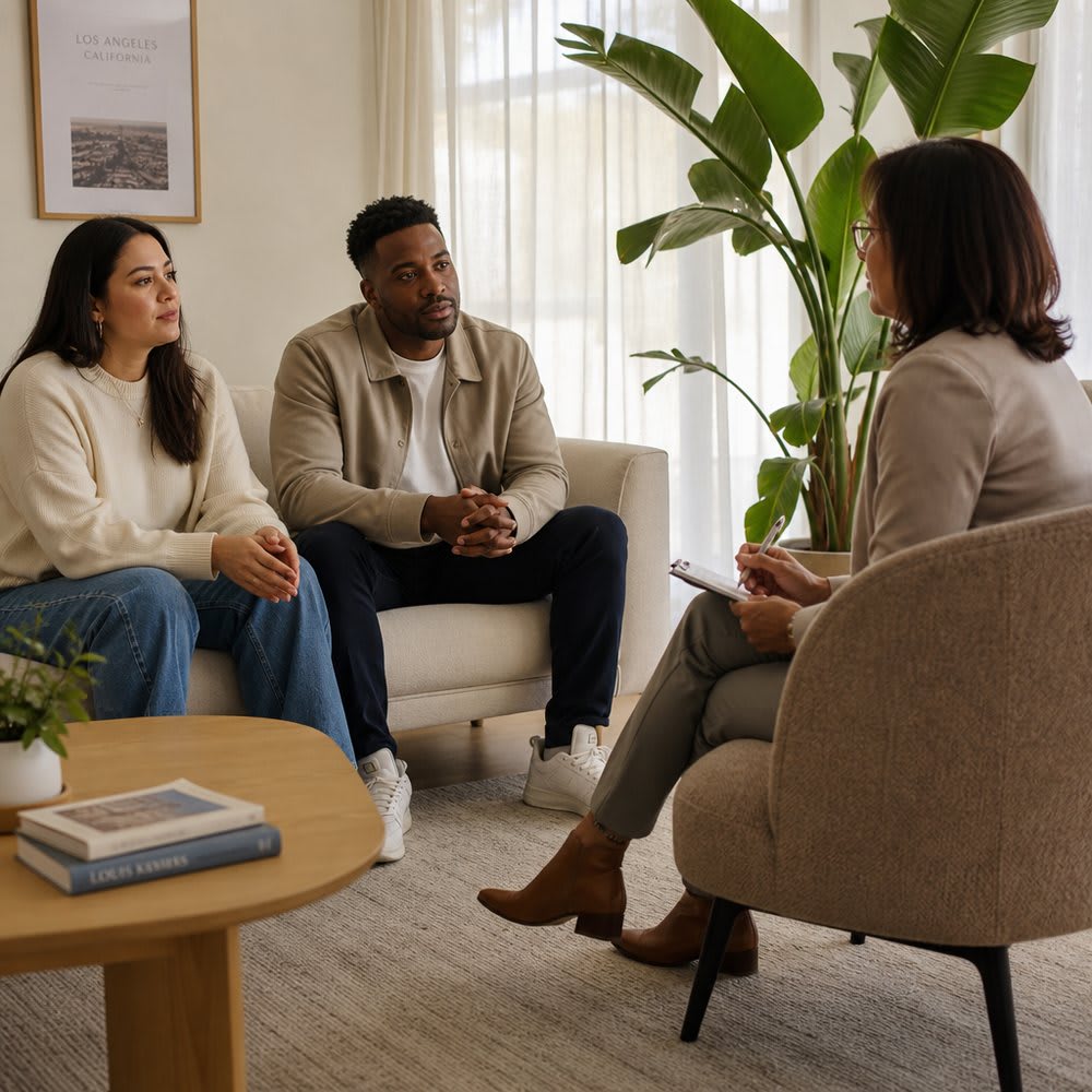 Diverse couple in a Los Angeles therapy office with their therapist