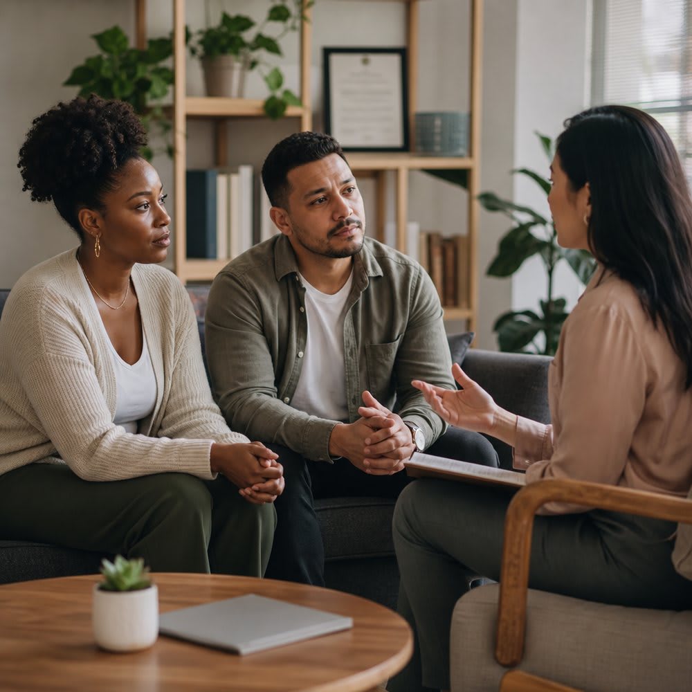 Diverse couple in a Los Angeles therapy session with their therapist