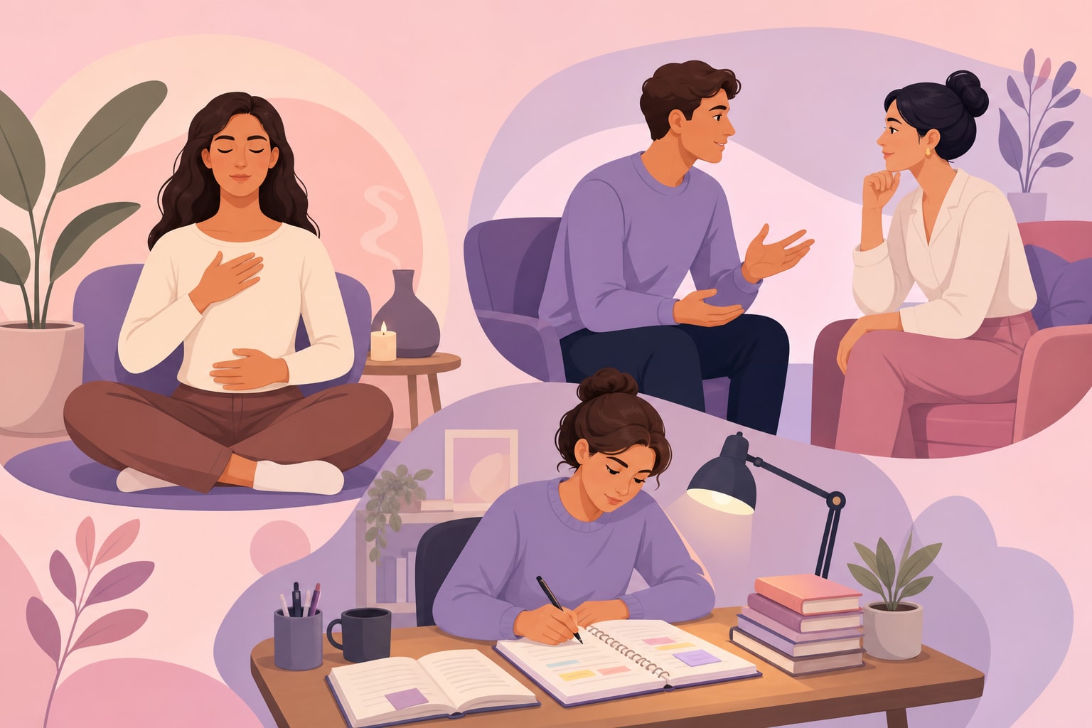 An illustration depicting everyday applications of psychology in various aspects of life, including communication and stress management.