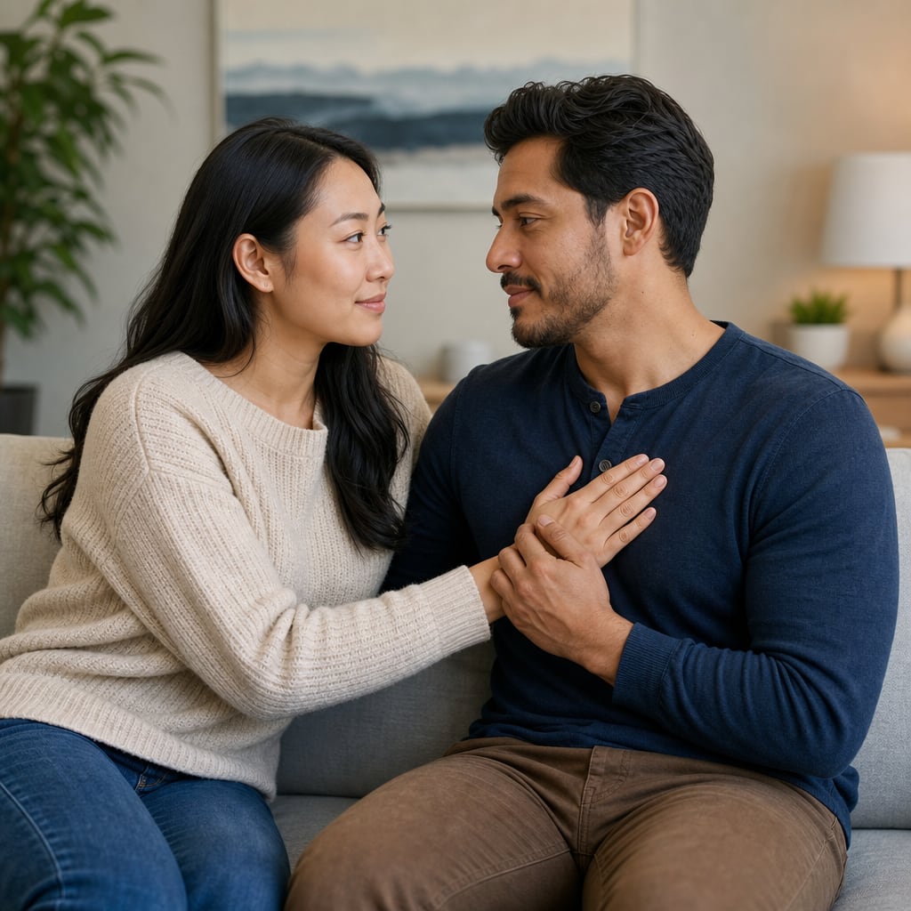 Diverse couple practicing a hands-on-hearts connection exercise in couples therapy