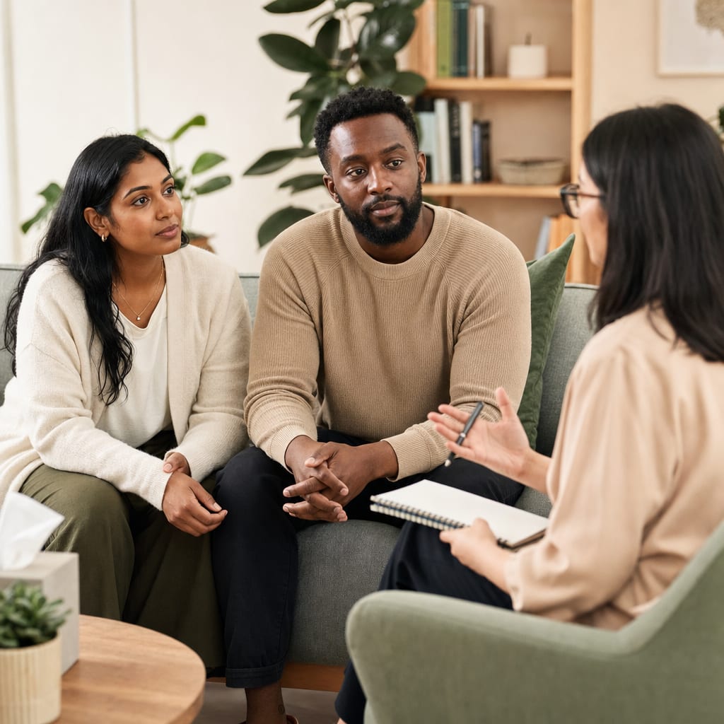 Diverse interracial couple in San Francisco couples therapy while the therapist takes notes