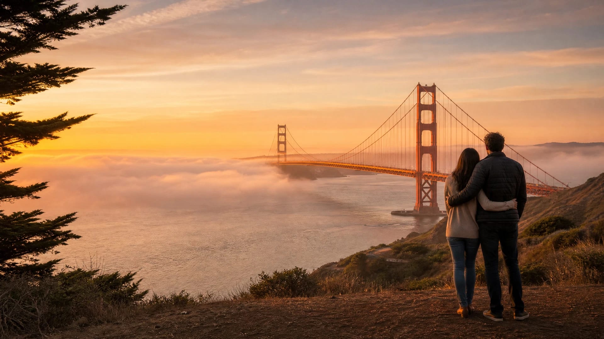 Couple at a San Francisco overlook watching the Golden Gate Bridge at sunset