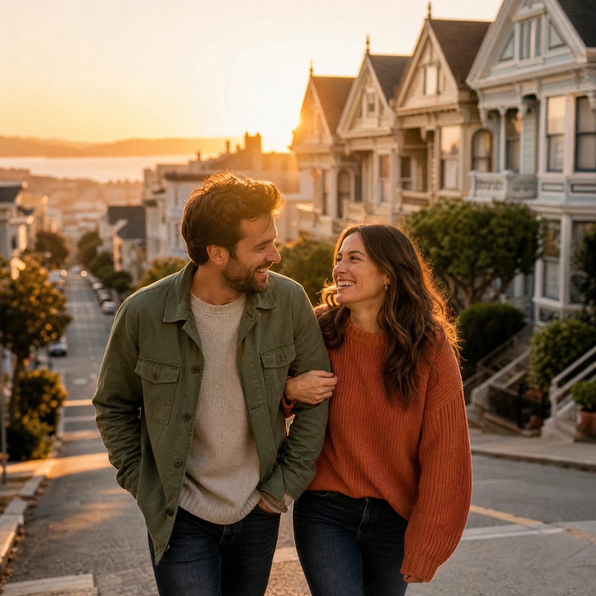 Couple walking together at golden hour in San Francisco after couples therapy