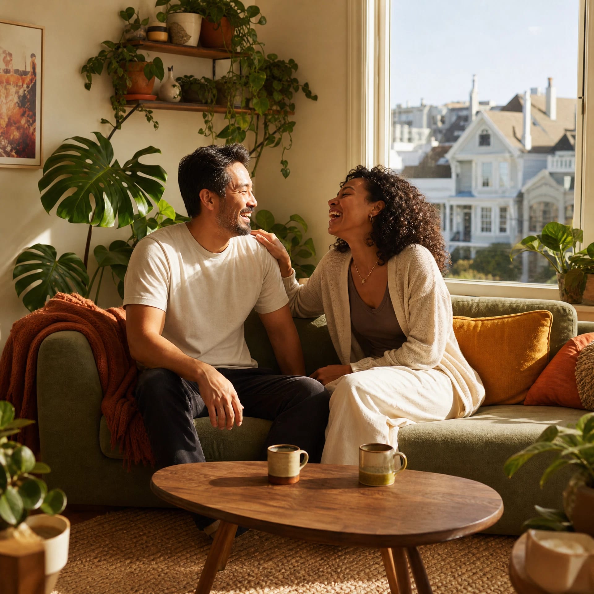 Happy couple laughing together on a sofa in a sunlit San Francisco apartment