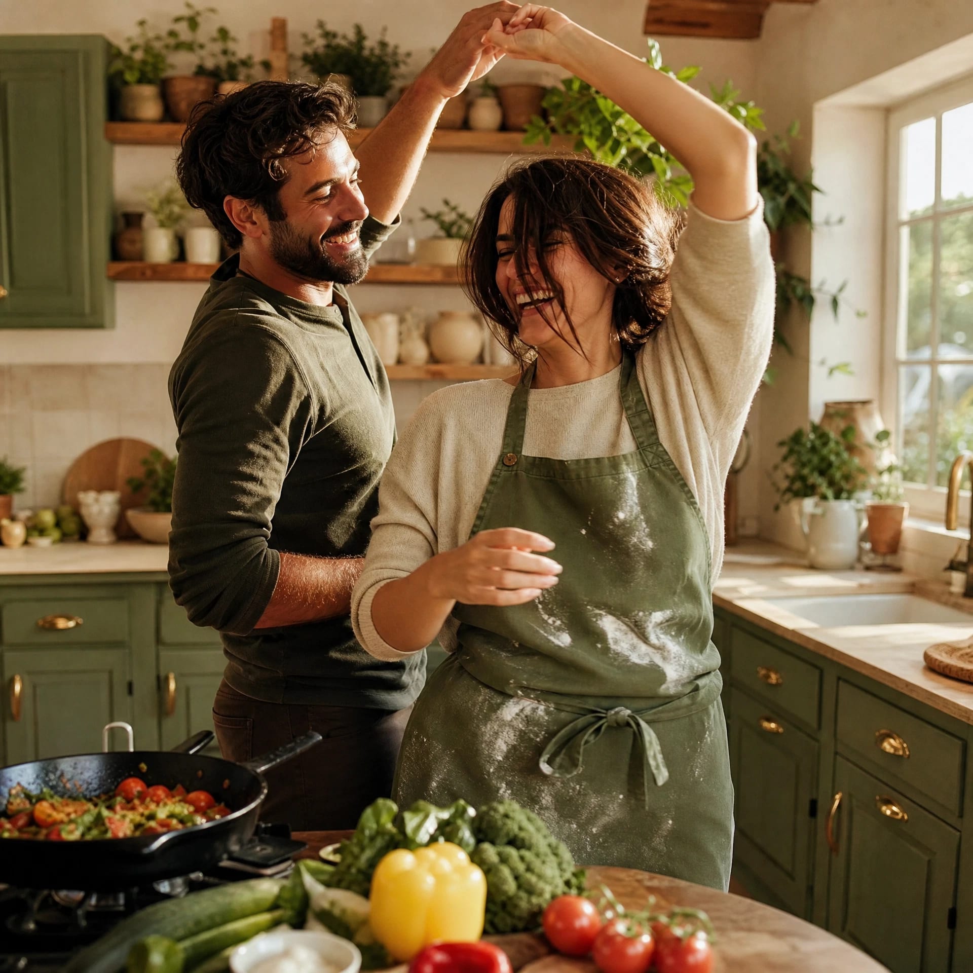 Couple dancing and laughing while cooking together, enjoying renewed connection after couples therapy