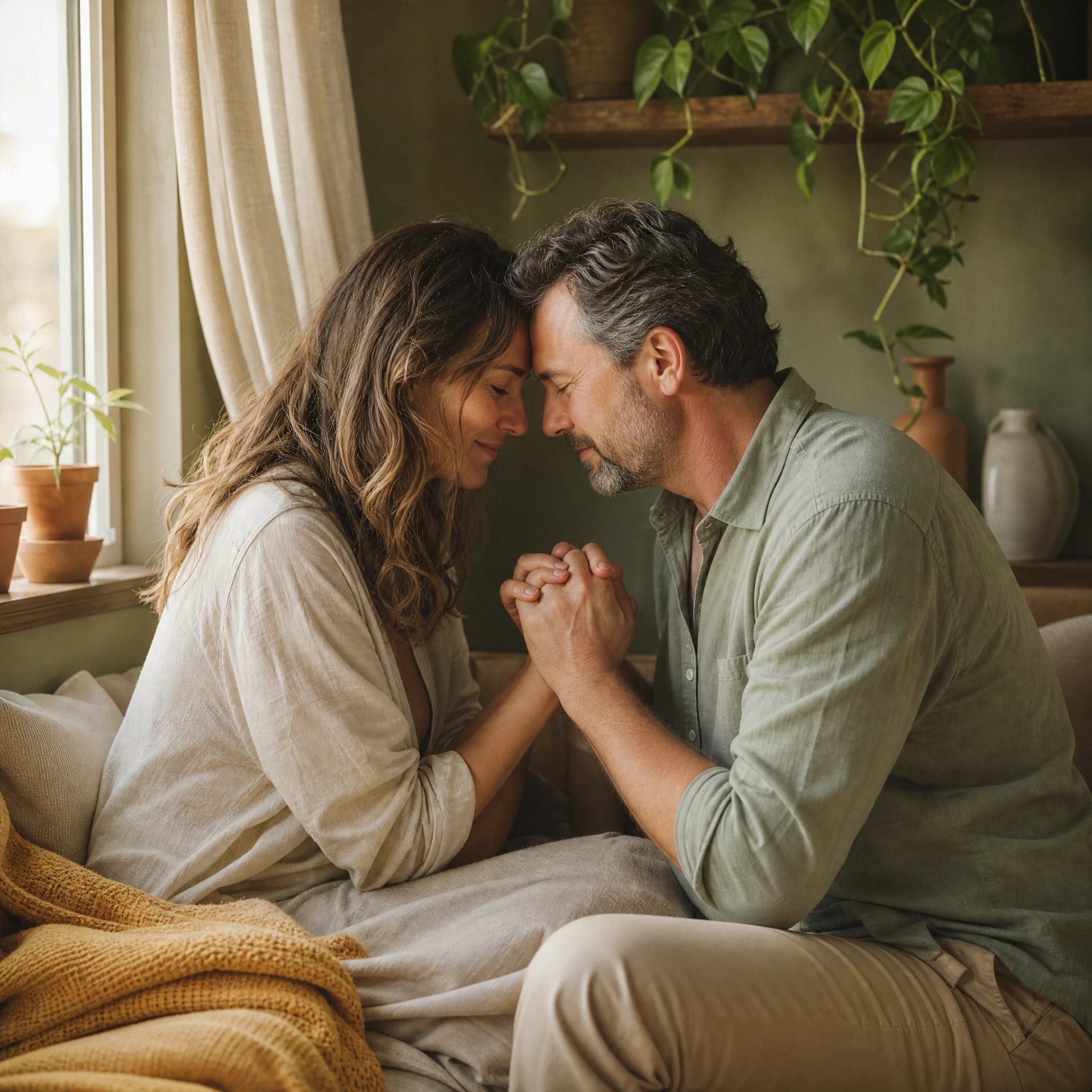 Couple reconciling and rebuilding trust during marriage counseling in San Francisco