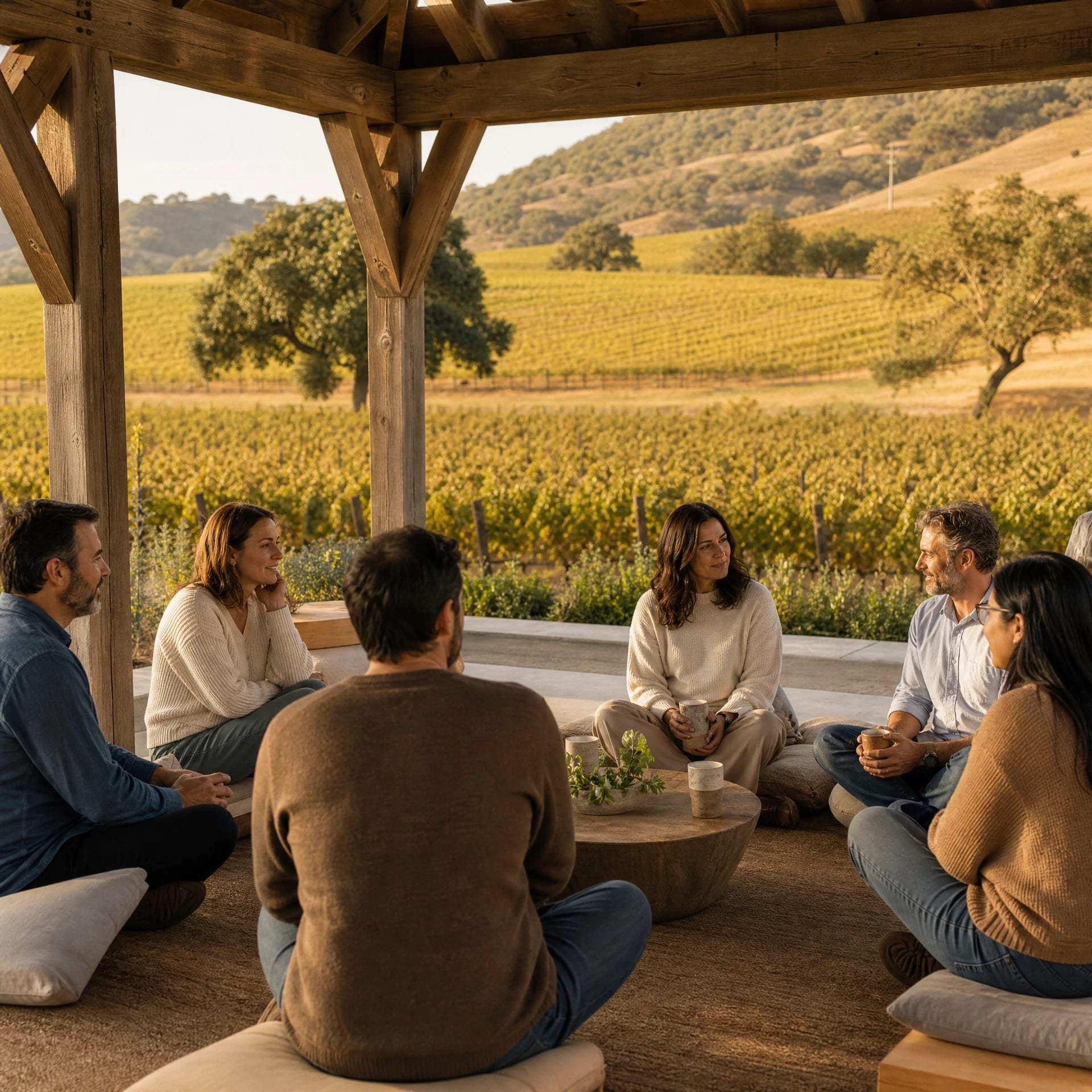Couples therapy retreat in an open-air wooden gazebo overlooking Napa Valley vineyards