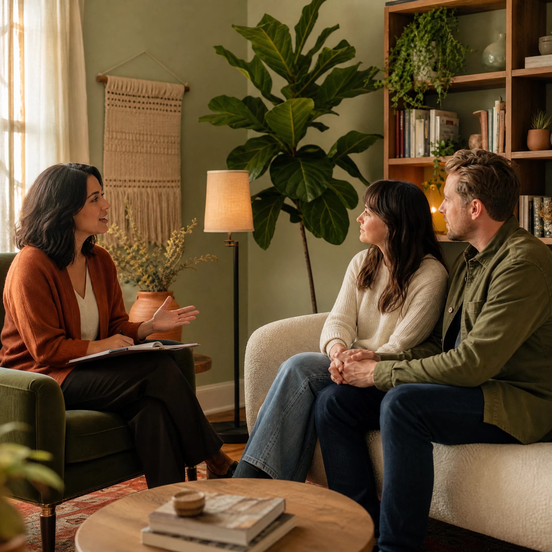 Couples therapist in San Francisco leading a warm in-office couples counseling session