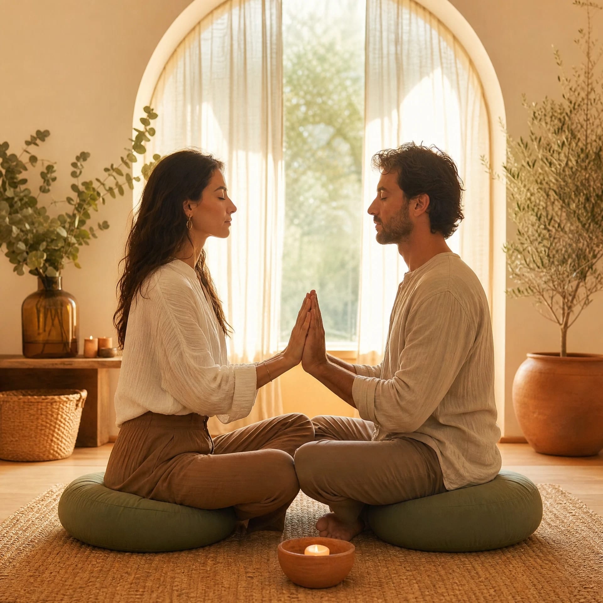 Couple practicing a somatic co-regulation breathing exercise during couples therapy