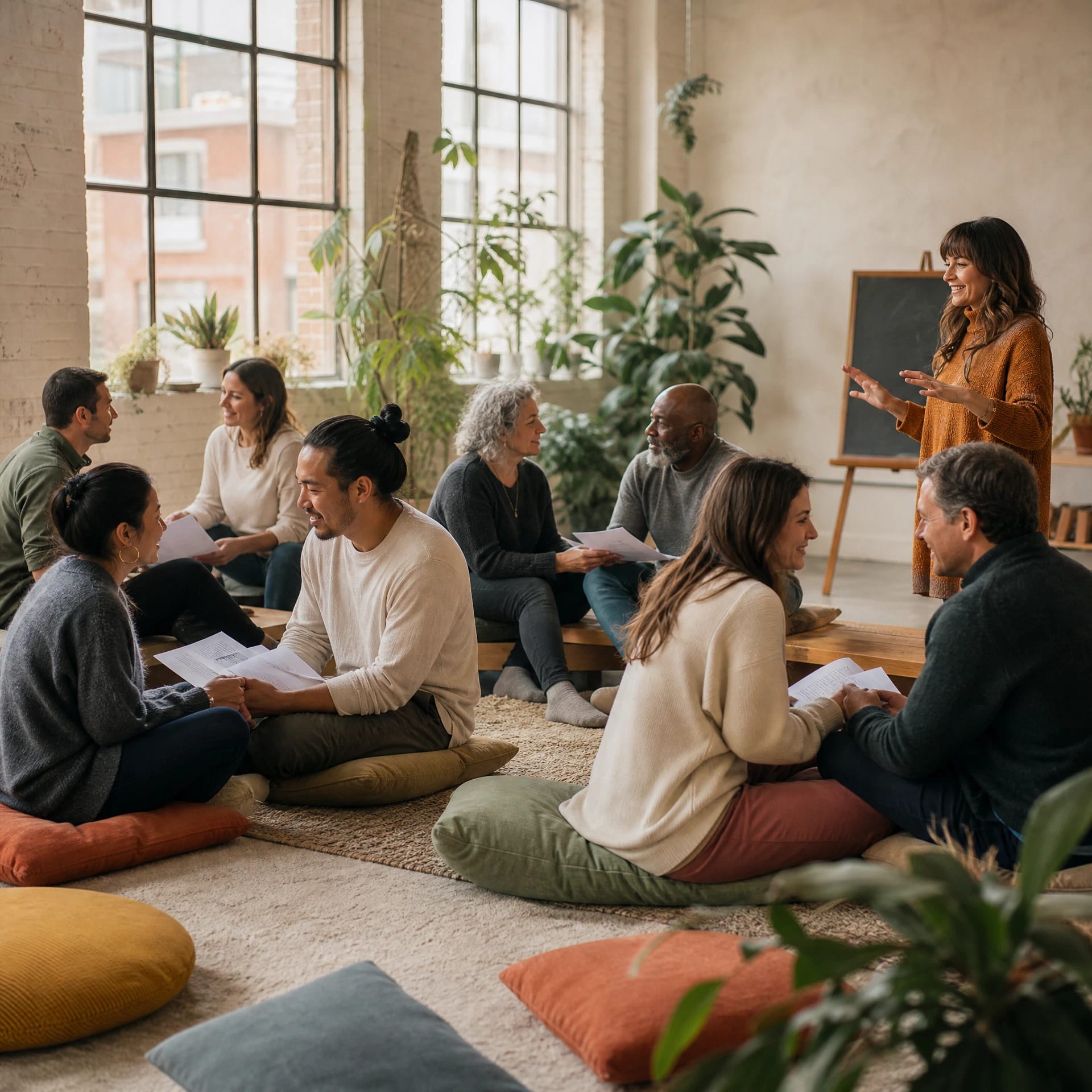 Couples therapy workshop in San Francisco with several couples practicing partner exercises