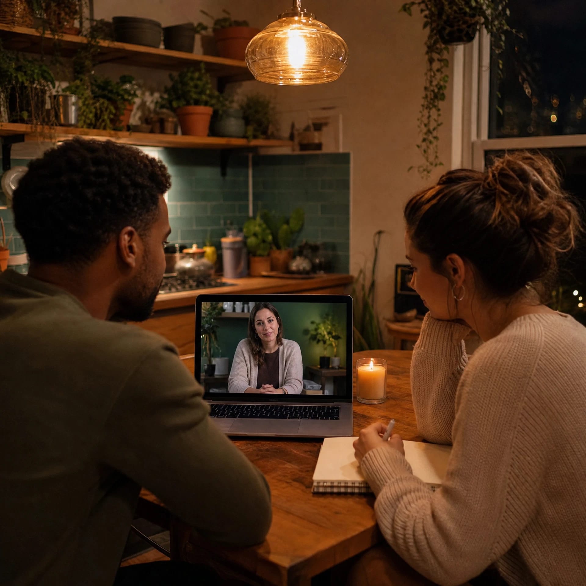 Couple attending online couples therapy in San Francisco from their kitchen table via video call