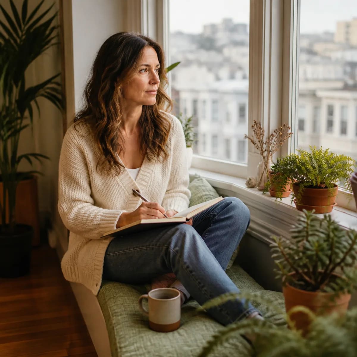 Woman journaling in a San Francisco bay window while reflecting on her marriage between discernment therapy sessions — San Francisco discernment therapist near me