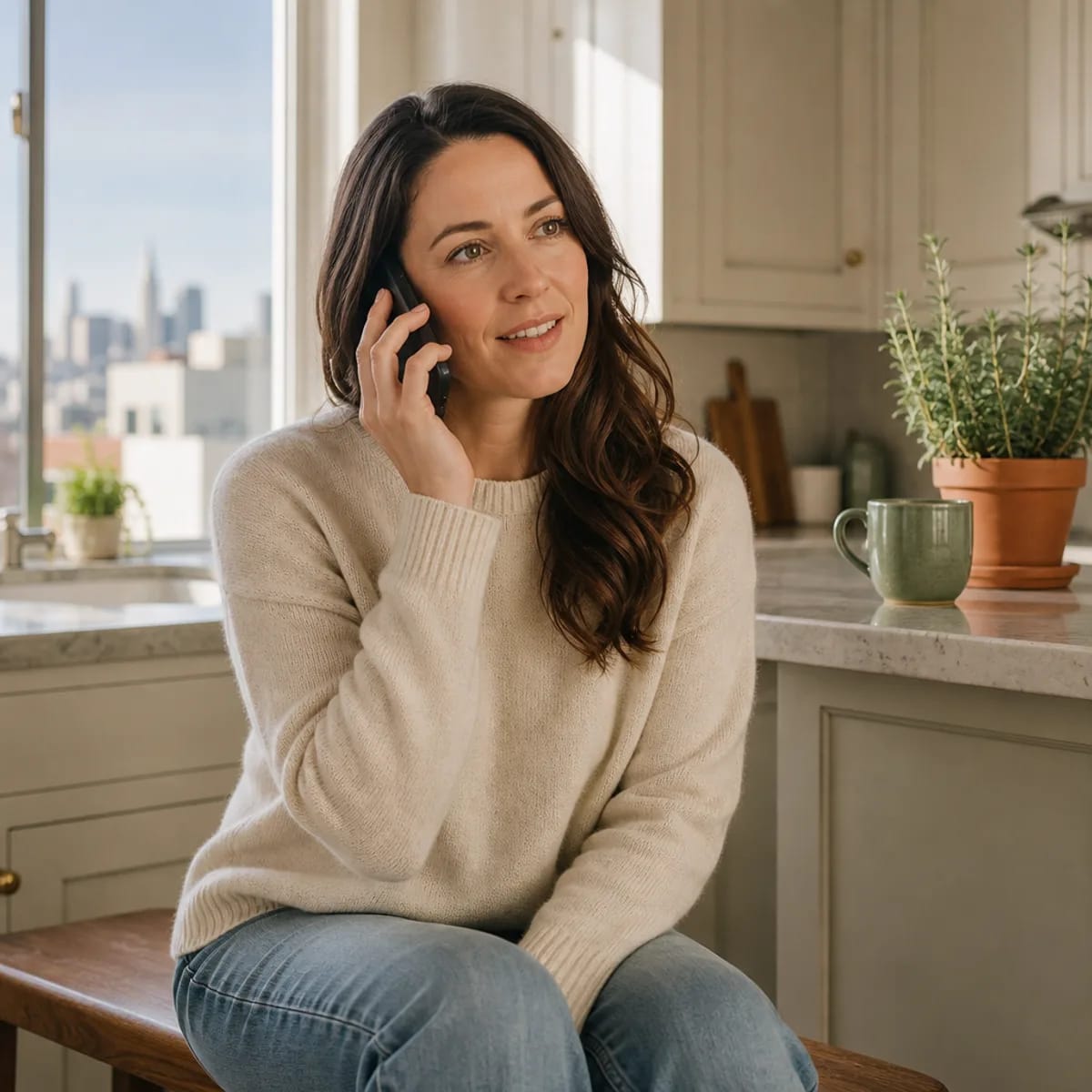 Woman booking a free consultation by phone with a San Francisco discernment counselor from her kitchen — discernment counseling near me San Francisco