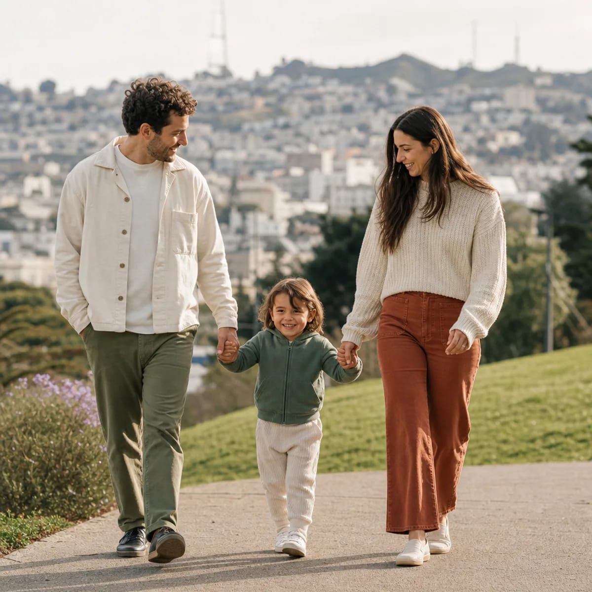 Two parents walking cooperatively with their child in a San Francisco park after conscious uncoupling supported by discernment counselors in San Francisco near me