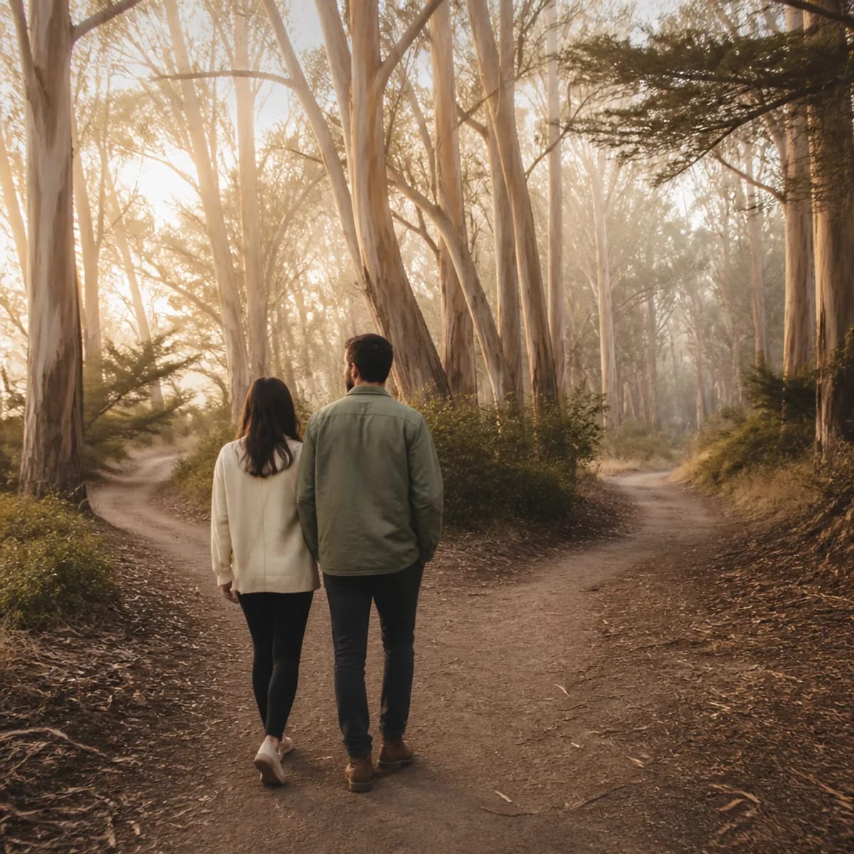 Couple standing where a San Francisco park trail forks in two directions, symbolizing a marriage at a crossroad before discernment counseling in San Francisco, CA near me