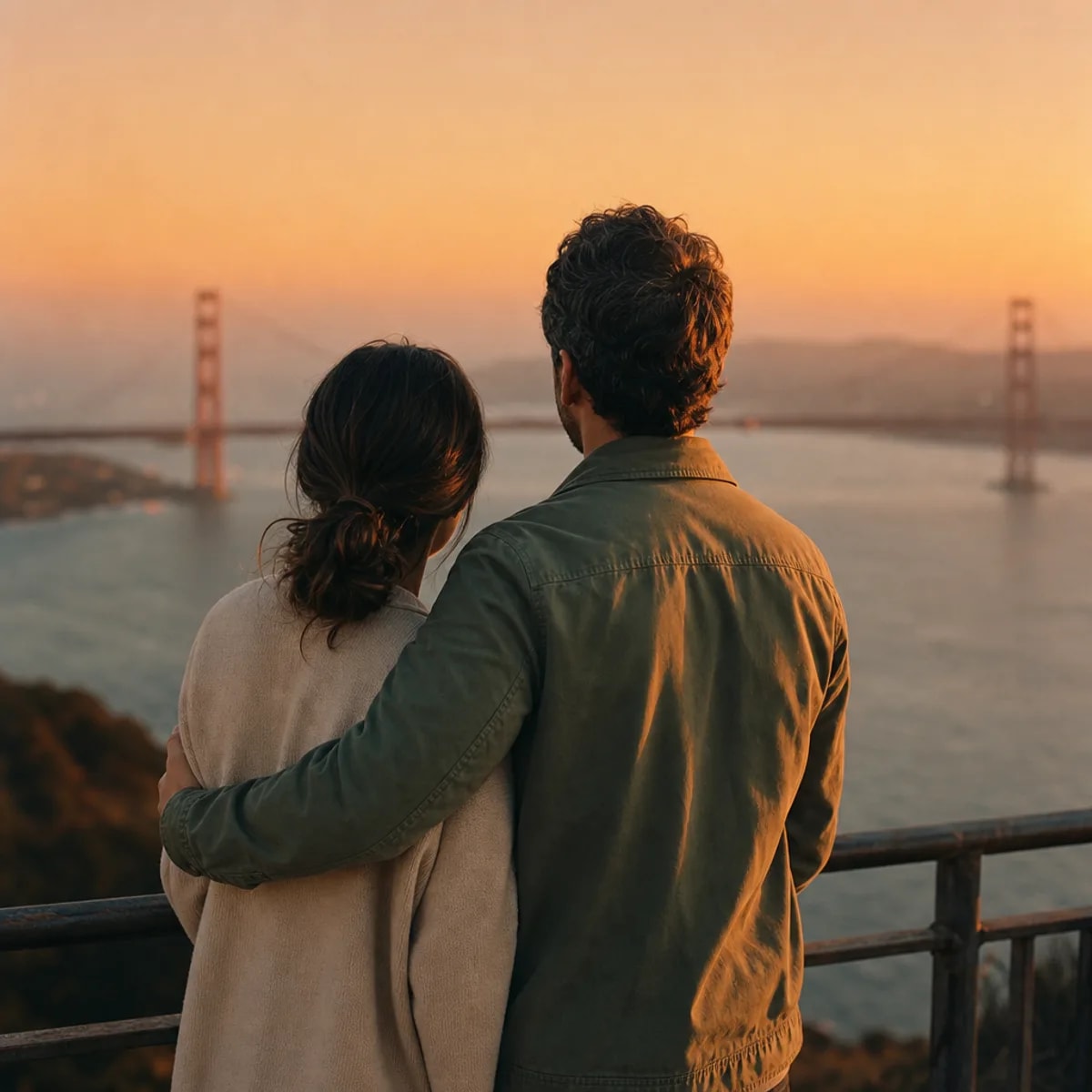Couple standing together at a San Francisco Bay overlook at sunset feeling resolved after discernment counseling in San Francisco, CA — discernment counseling near me