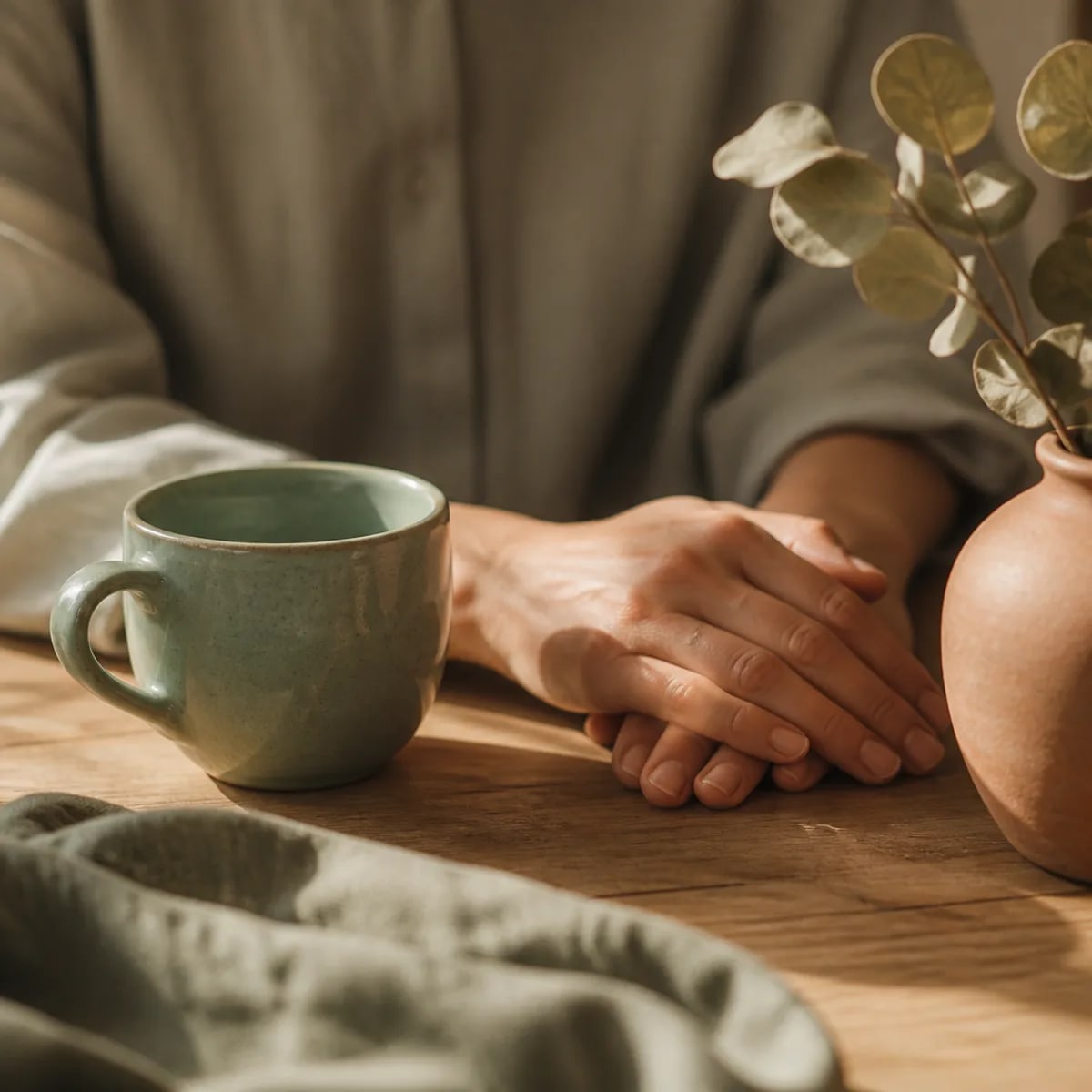 Calm hands resting on a wooden table beside a sage mug, representing steadiness found through San Francisco discernment counseling near me