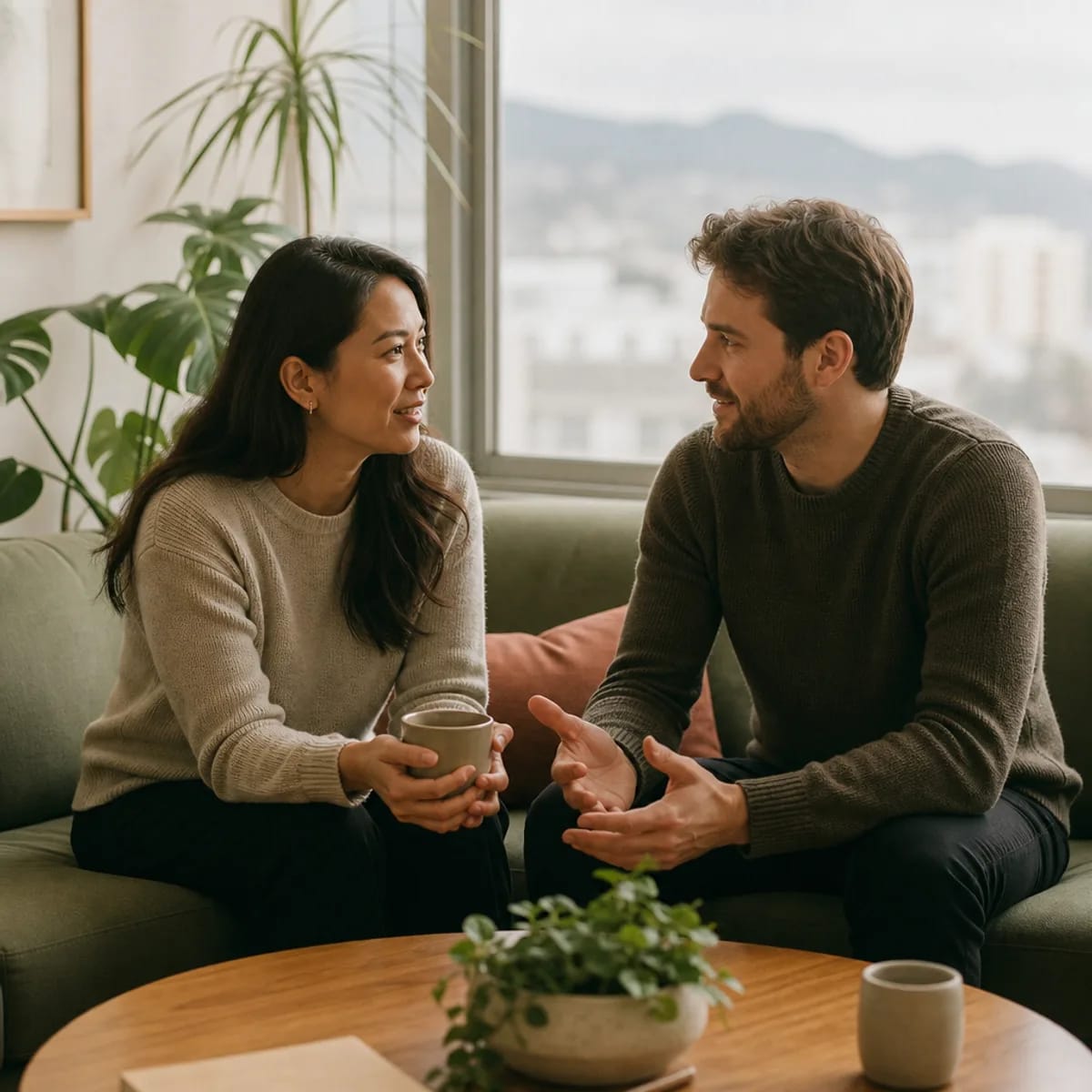 Couple in calm, open conversation on a sage sofa reaching a shared decision during San Francisco discernment counseling — discernment counseling in San Francisco near me