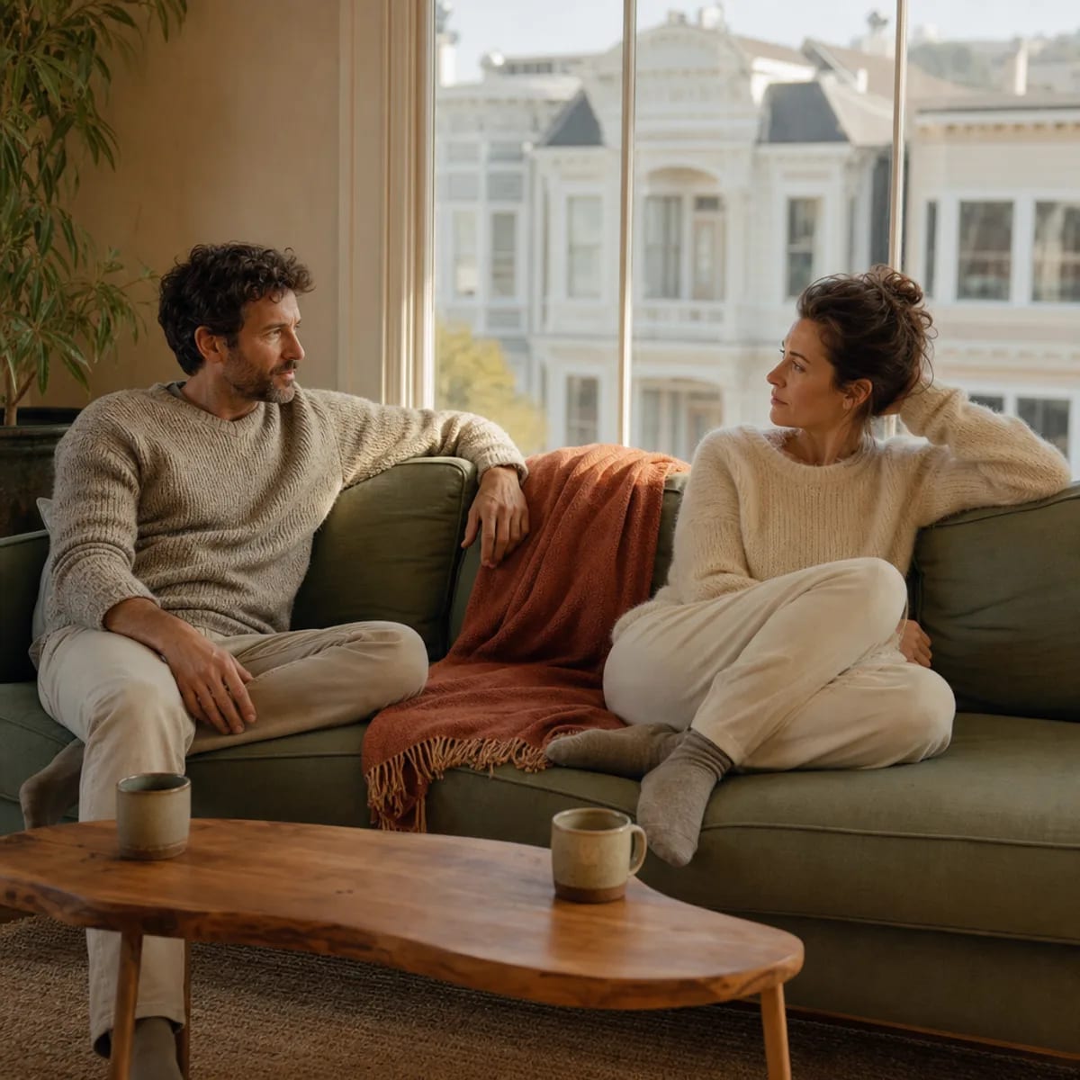 Couple sitting on a sofa in a sunlit San Francisco apartment talking honestly about their marriage during discernment counseling in San Francisco, CA — San Francisco discernment counseling near me