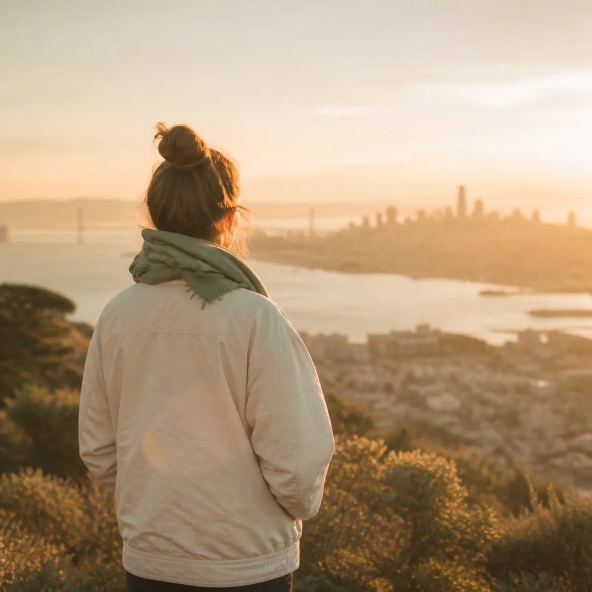 Person looking out over the San Francisco skyline at sunset while weighing whether to stay or leave a marriage — discernment counselor in San Francisco near me