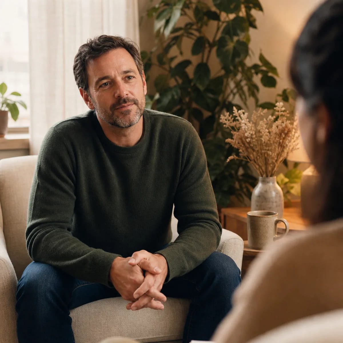 Man speaking one-on-one with his discernment counselor in San Francisco during an individual discernment therapy conversation — discernment counselor San Francisco near me