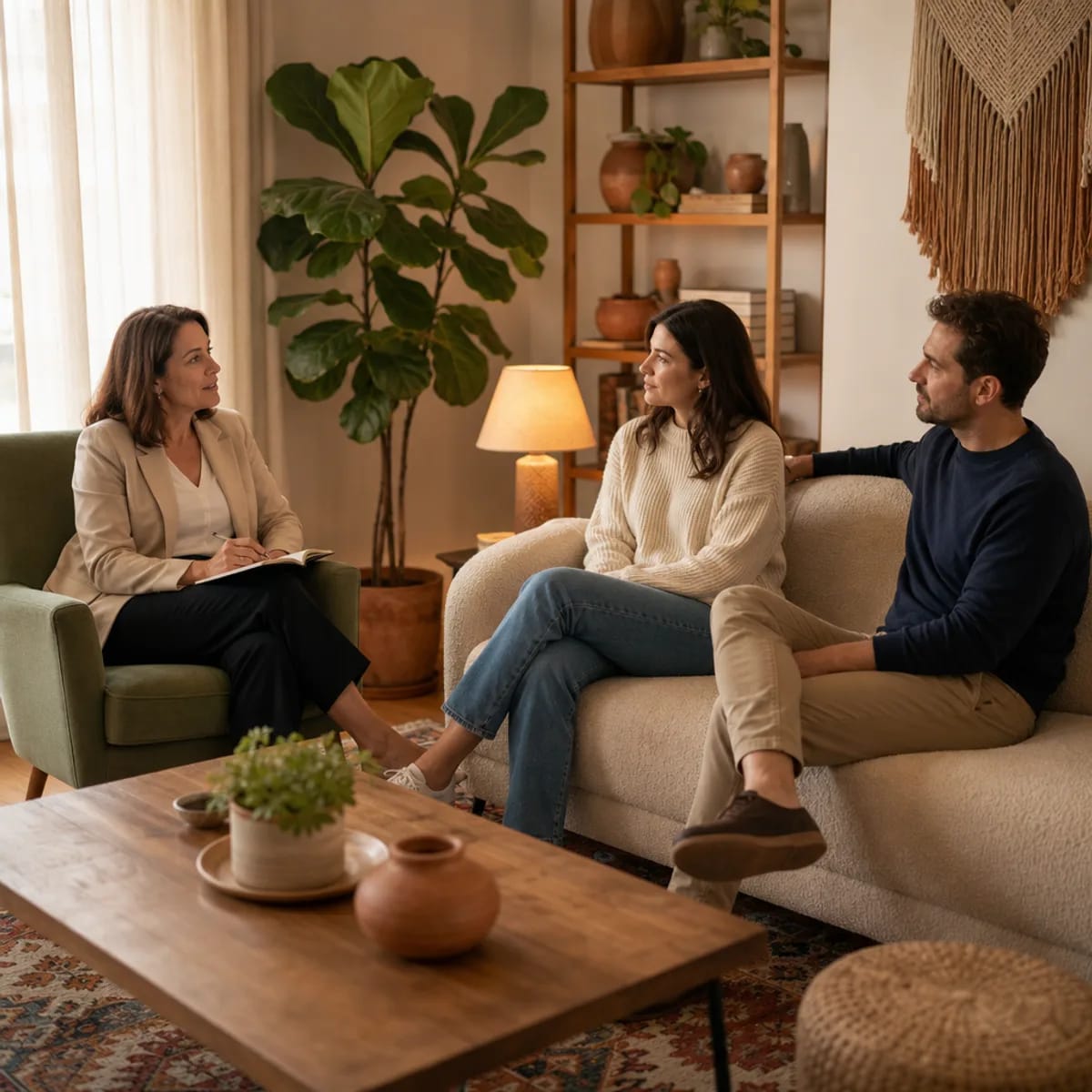 Discernment counselor in San Francisco meeting with a couple in a warm office to help them resolve ambivalence about their marriage — discernment counseling San Francisco near me