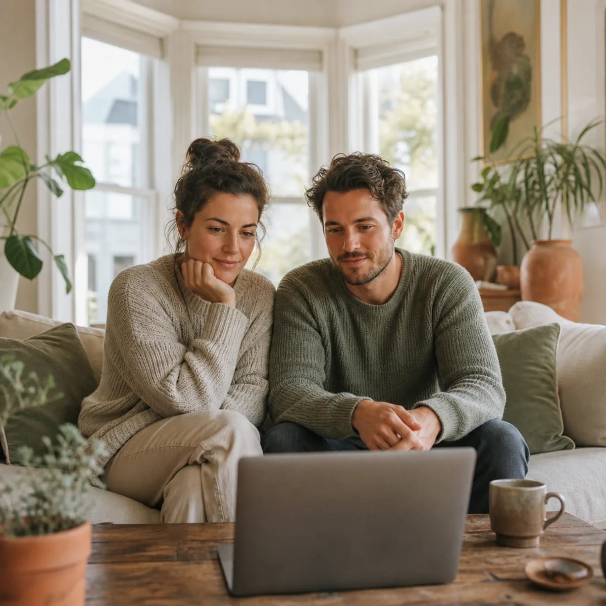 Couple attending an online discernment counseling session on a laptop in their San Francisco living room — online San Francisco discernment counseling near me
