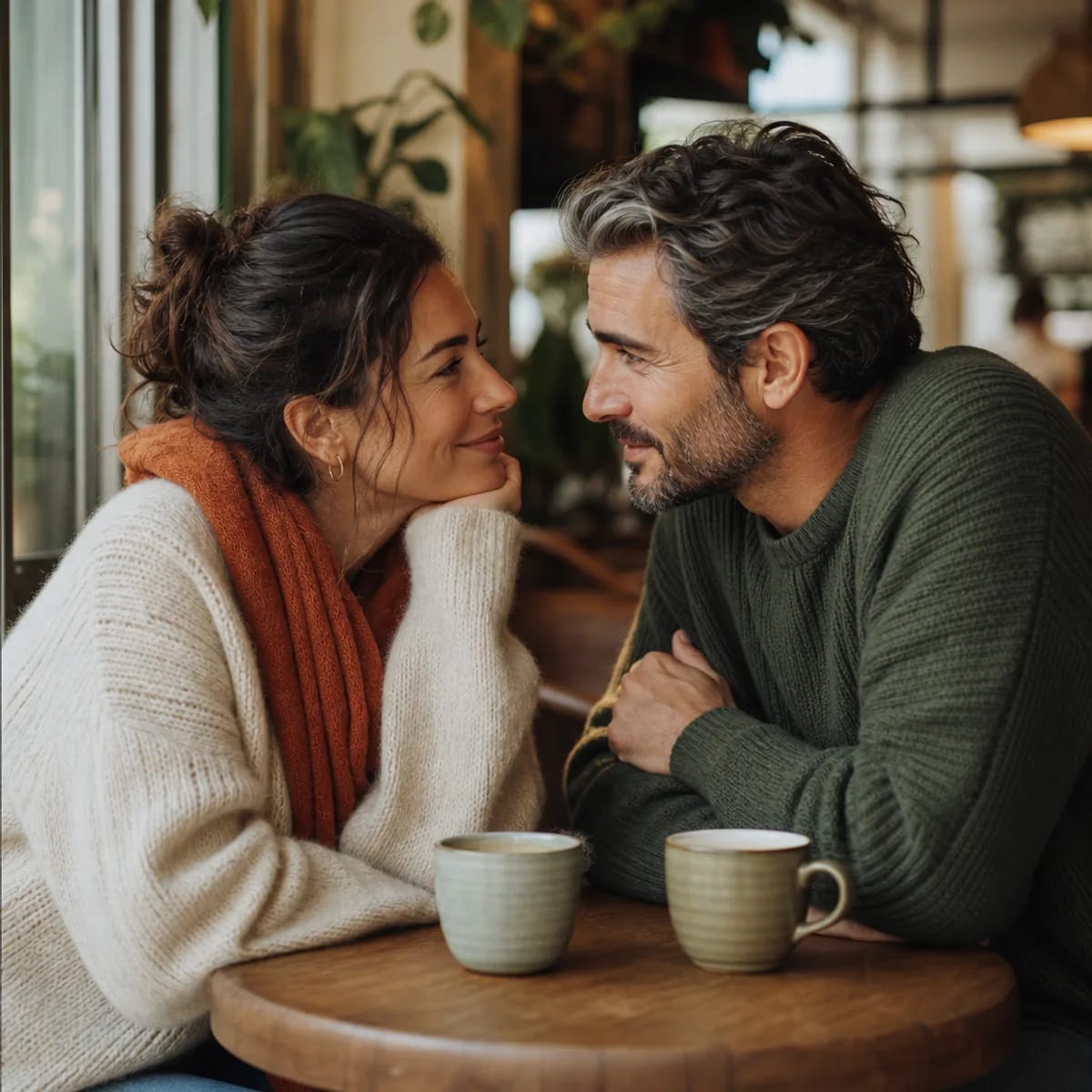 Couple reconnecting warmly at a San Francisco cafe after choosing to recommit through discernment counseling — discernment counseling in San Francisco, CA near me