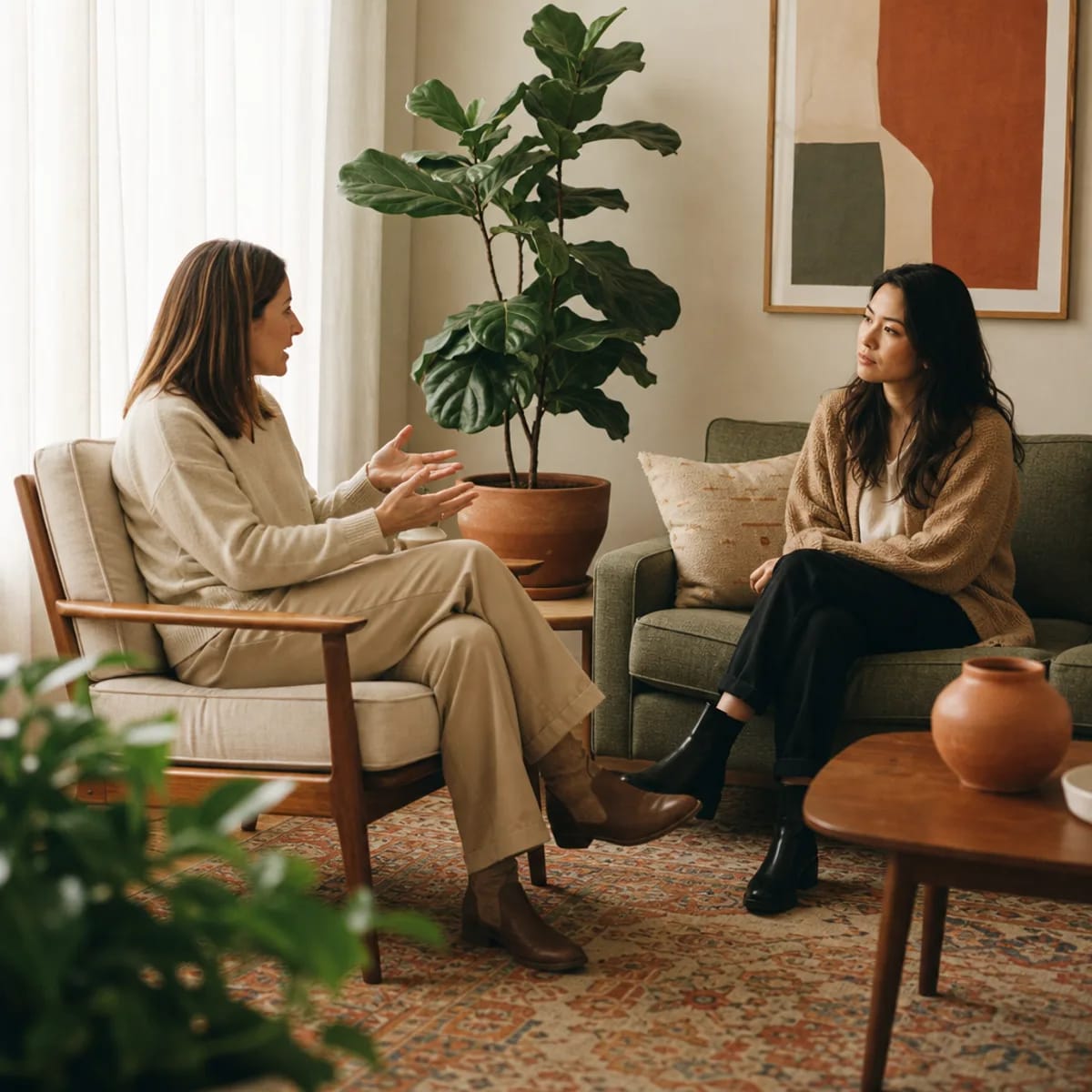 Discernment therapist in San Francisco explaining the structured discernment counseling process to a client in a warm office — discernment therapy San Francisco near me