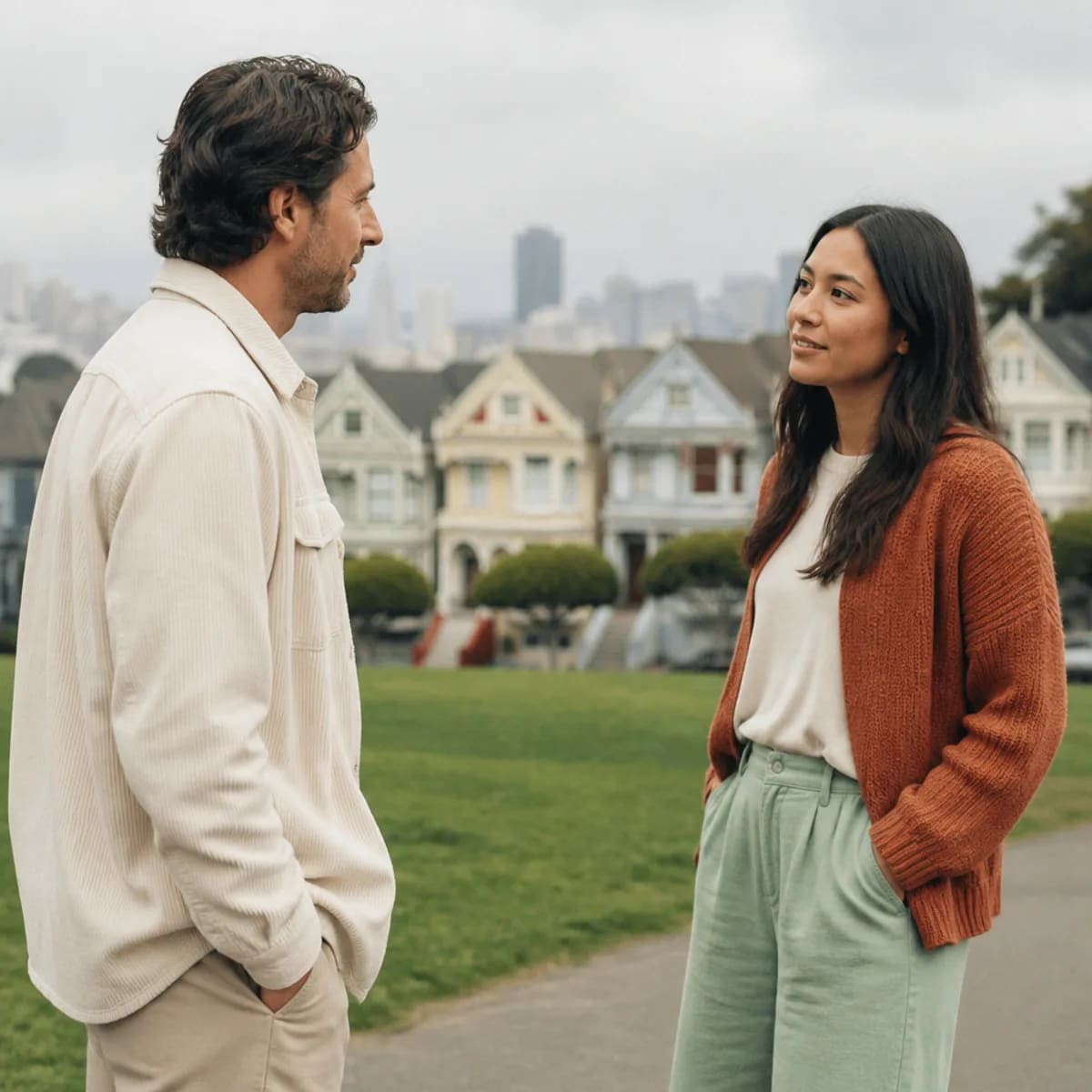 Two adults having a calm, respectful conversation outdoors in San Francisco after discernment therapy — discernment therapist in San Francisco near me