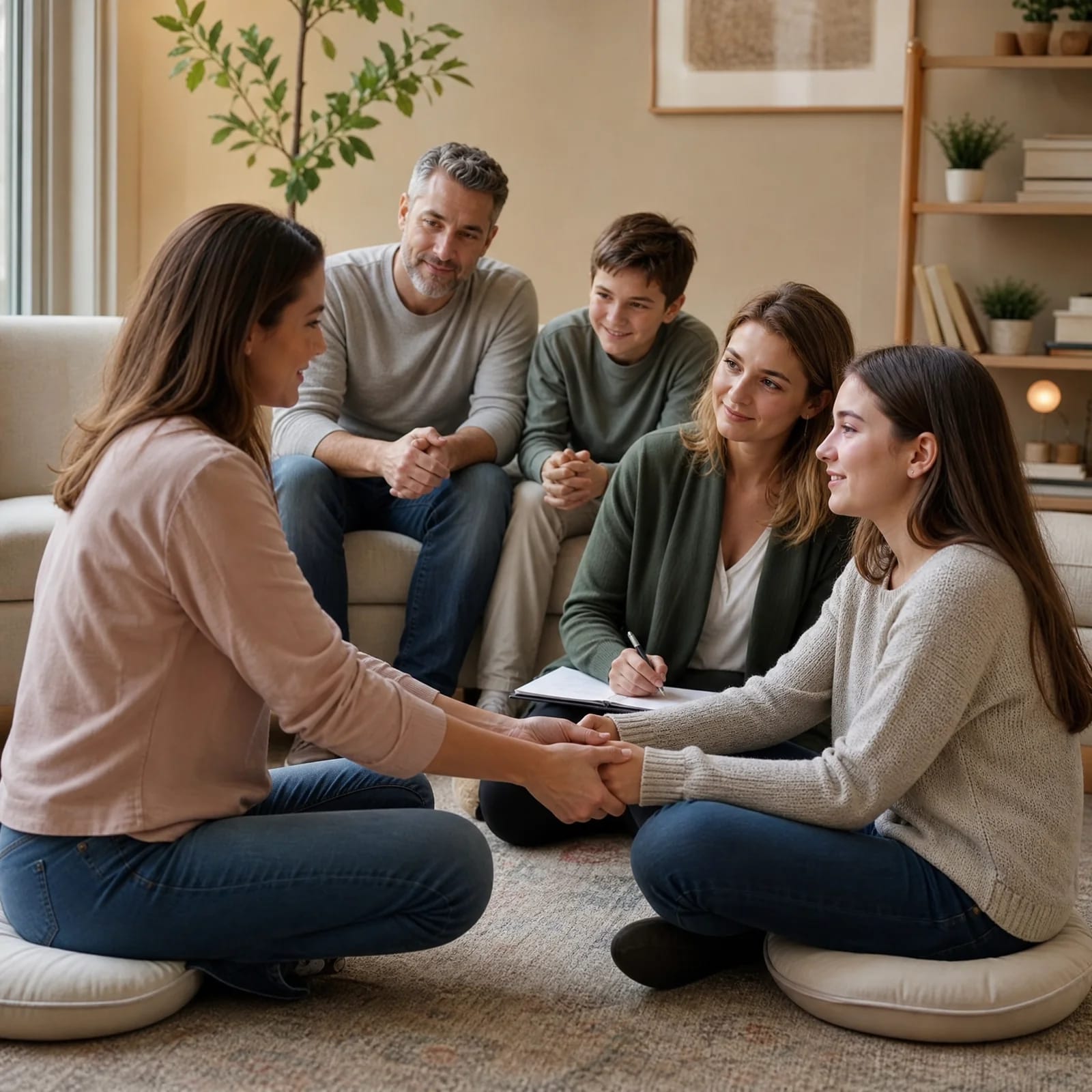 Family practicing empathetic communication exercises in family therapy