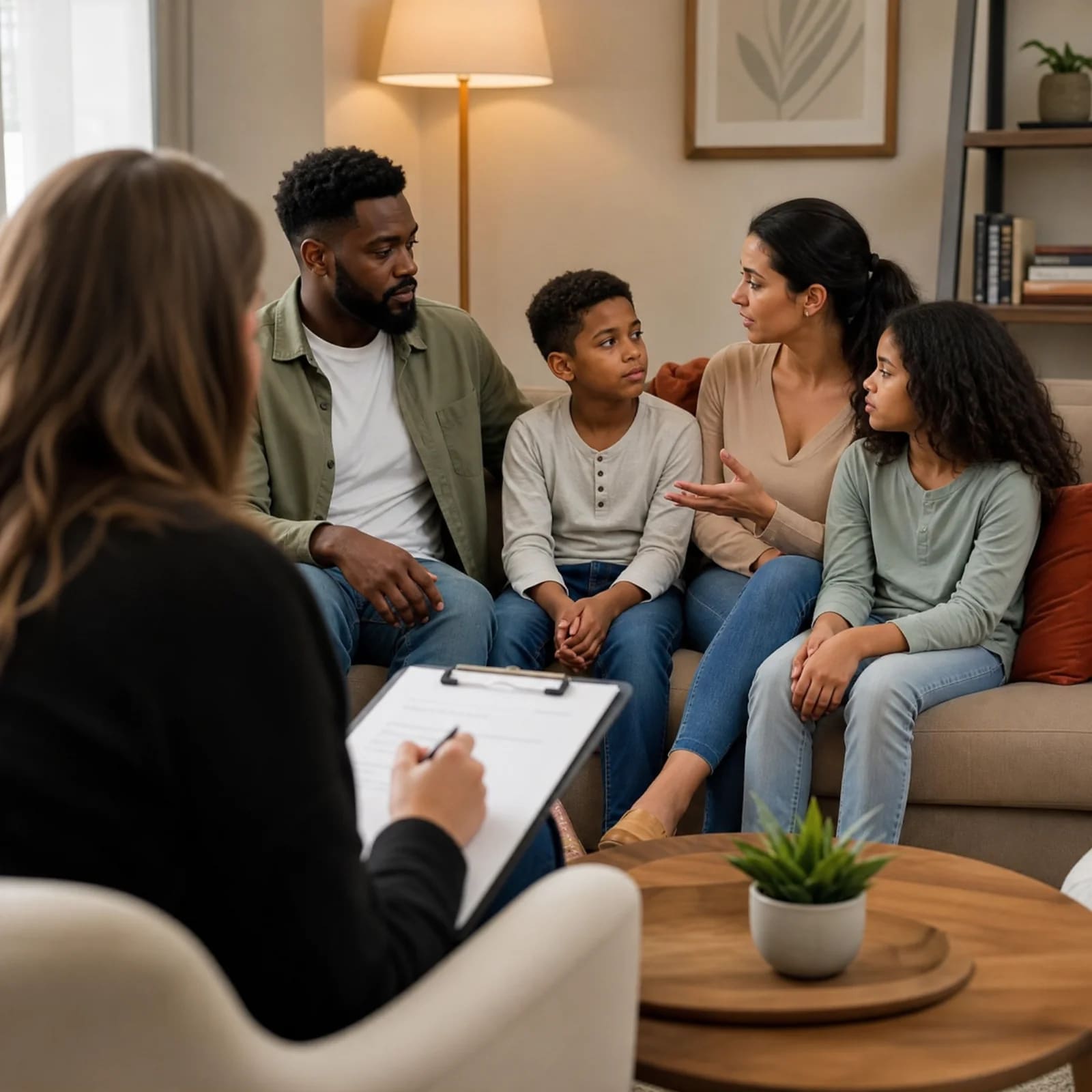 Diverse family in San Francisco family therapy session while therapist takes clinical notes