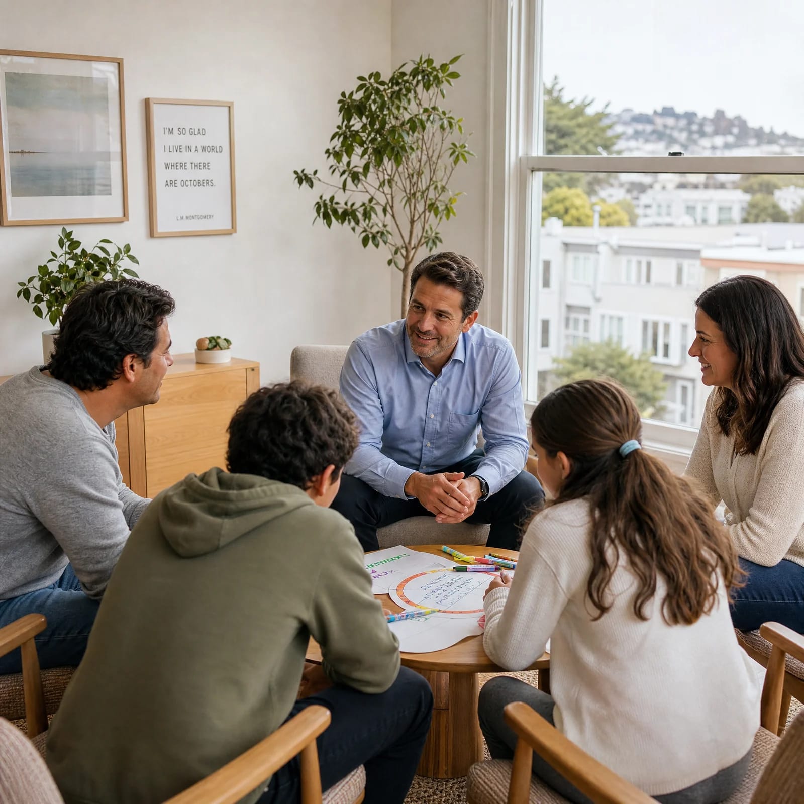 San Francisco family therapist coaching parents and children in a collaborative session