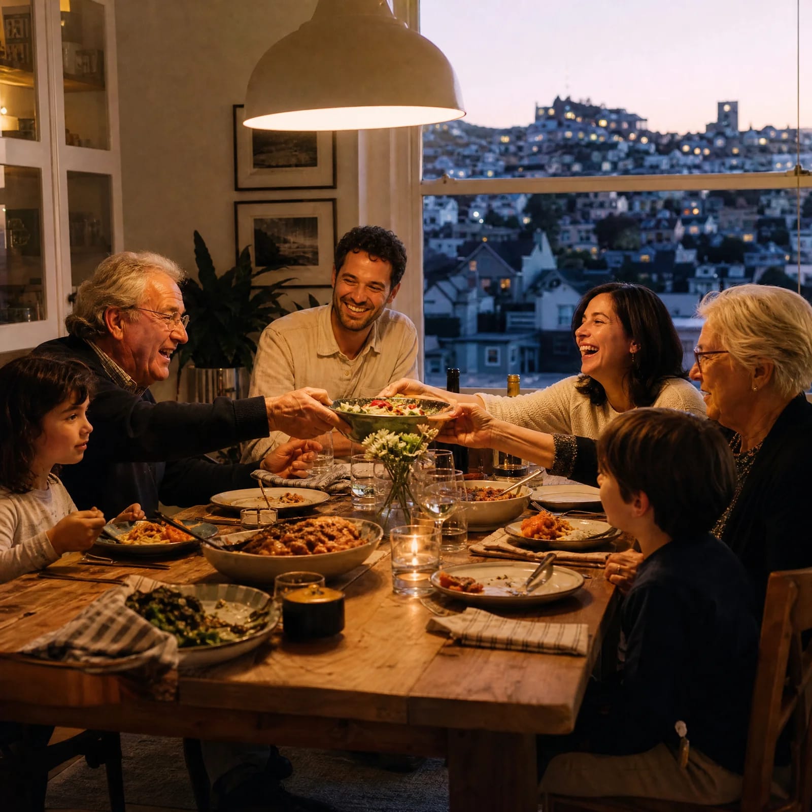 Family sharing a joyous meal together after effective family counseling in San Francisco