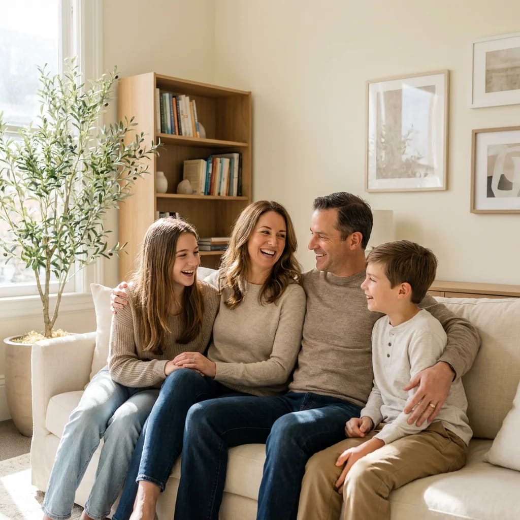 Happy family sitting together on a couch during family therapy in San Francisco