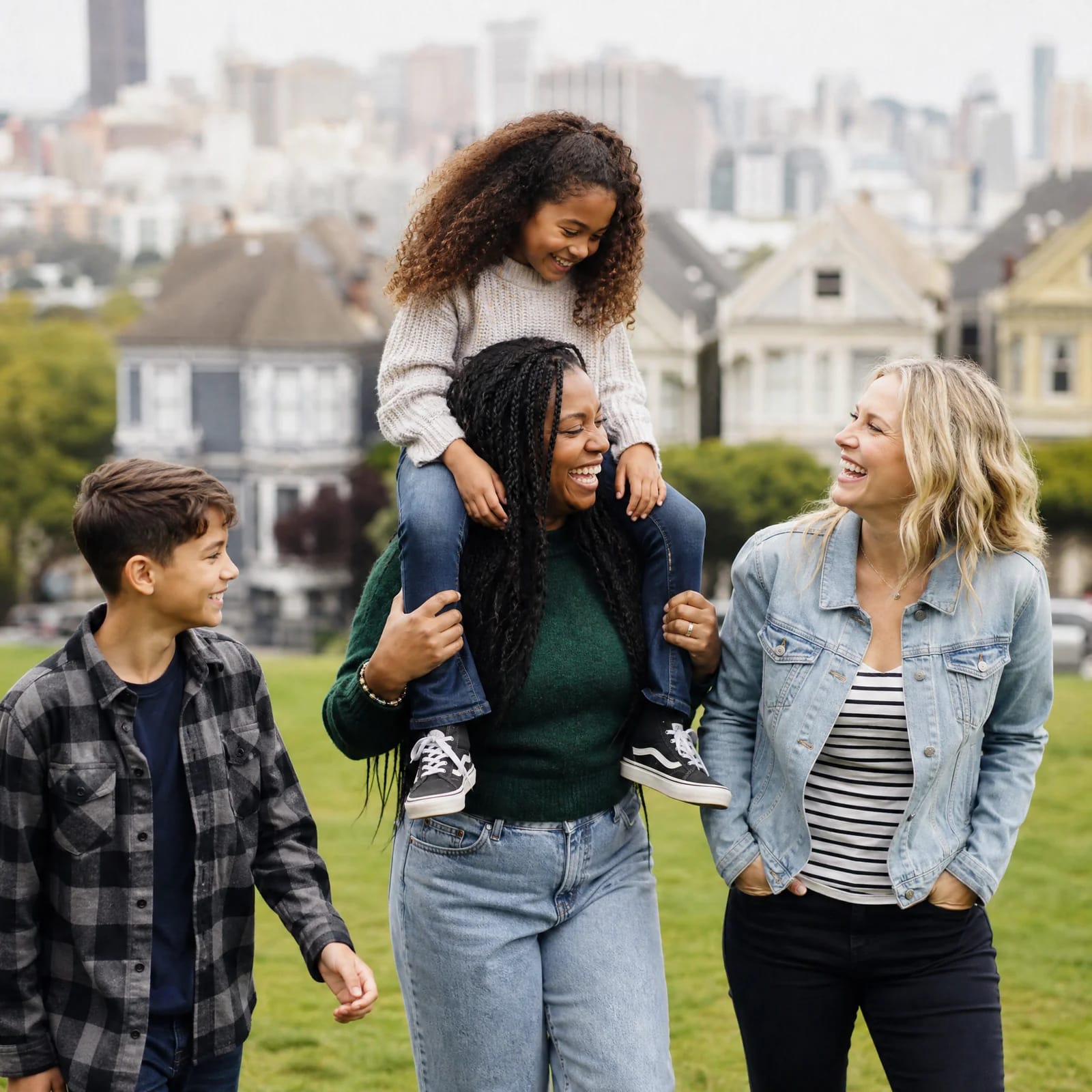 Diverse, inclusive family enjoying time outdoors after family counseling in San Francisco