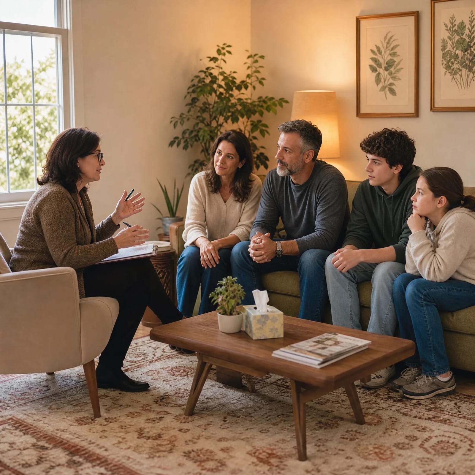 San Francisco family counselor facilitating a warm family therapy session in office