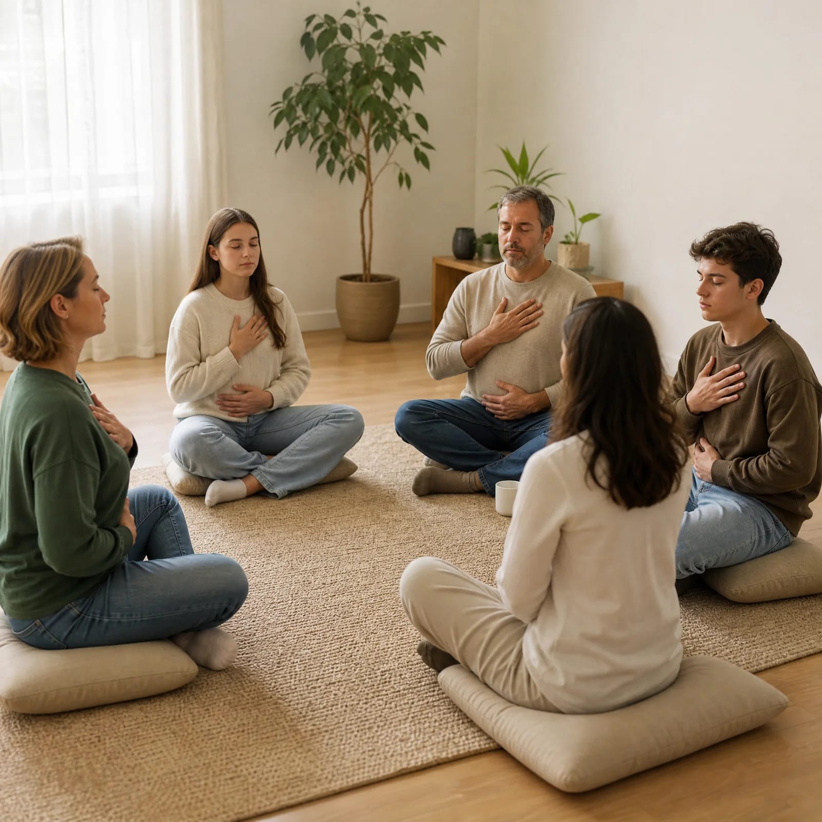 Parents and teenagers practicing somatic co-regulation in family therapy in San Francisco