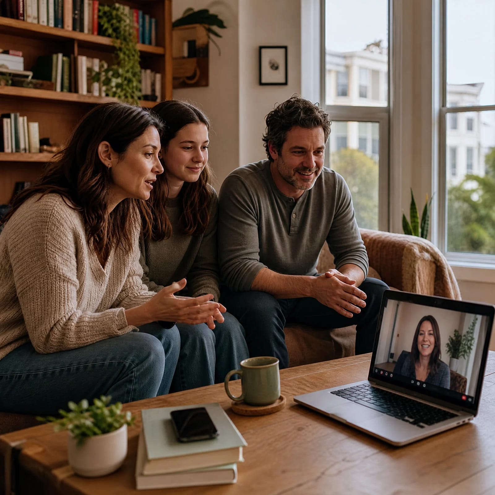 Family attending online family therapy session from home in San Francisco via telehealth