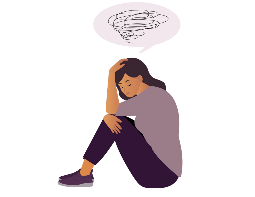 A woman sits on the ground with her head resting on her hand, looking sad. A speech bubble with a scribble above her head suggests confusion or distress, as if she's wondering whether to take a cptsd quiz or a trauma test.